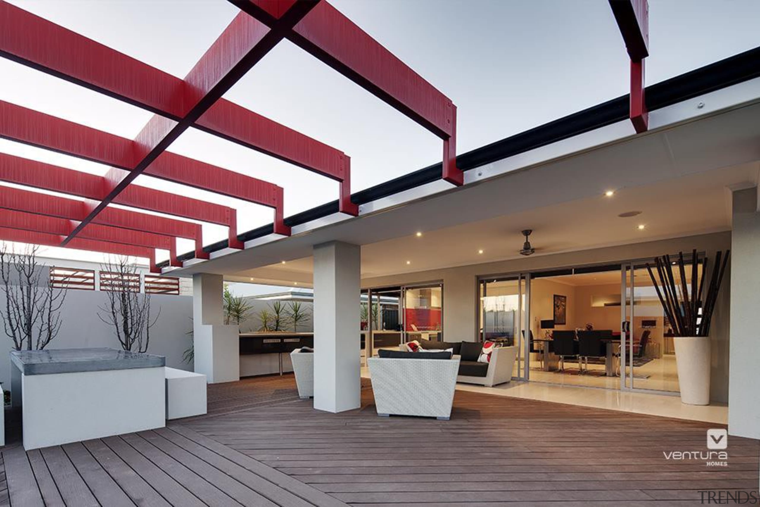 Alfresco entertaining. - The Essence Display Home - ceiling, daylighting, interior design, lobby, real estate, roof, gray