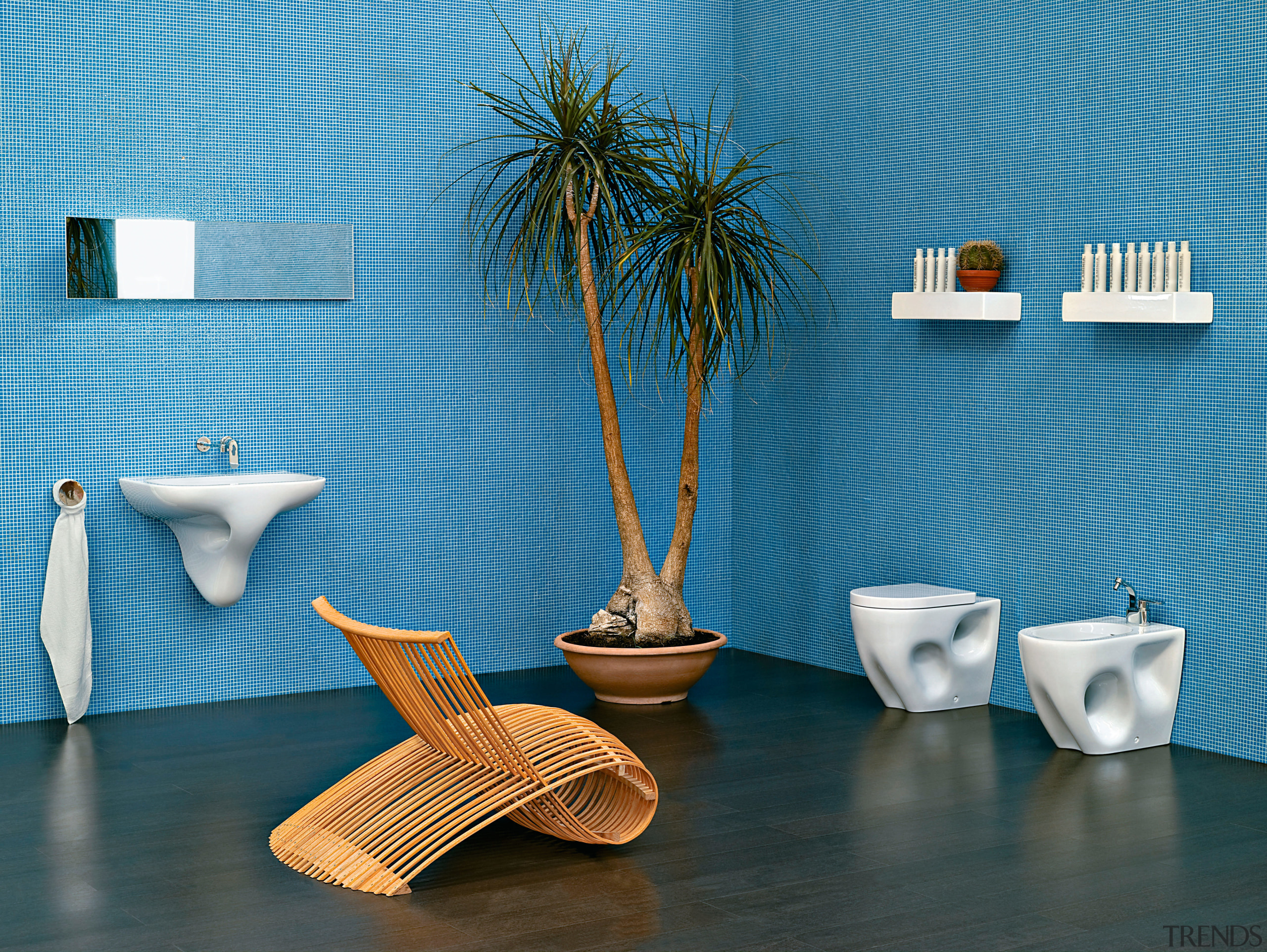 View of a bathroom which features Italian designed blue, ceramic, flowerpot, furniture, interior design, product design, still life photography, table, tap, teal