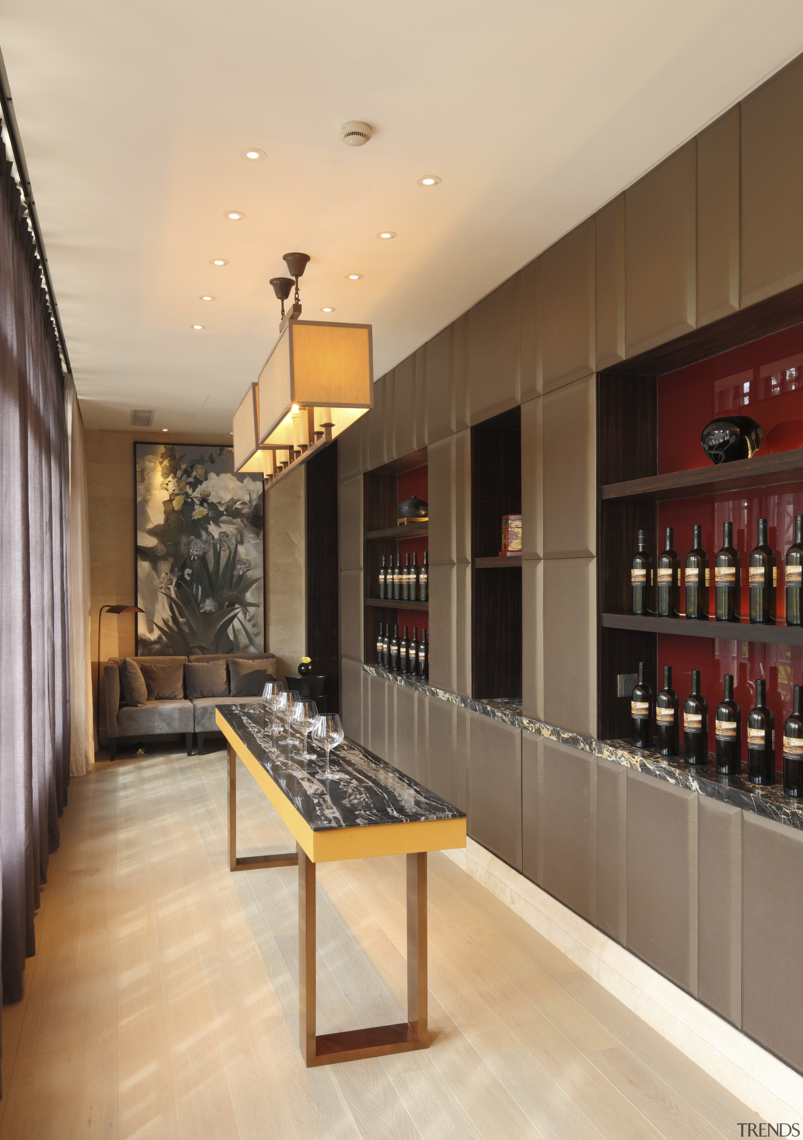 View of bar area with brown cabinetry. - ceiling, flooring, interior design, orange, brown