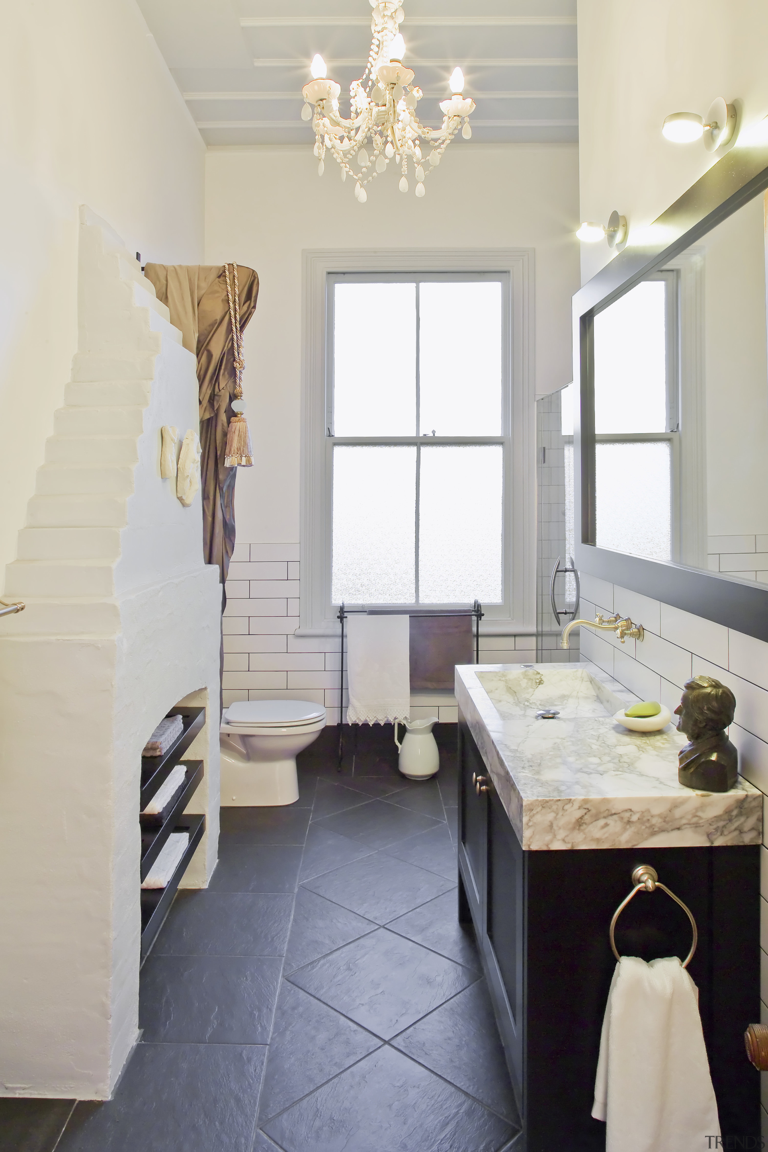 Image of a bathroom designed by NKBA and bathroom, ceiling, floor, flooring, home, interior design, room, tile, wall, window, gray