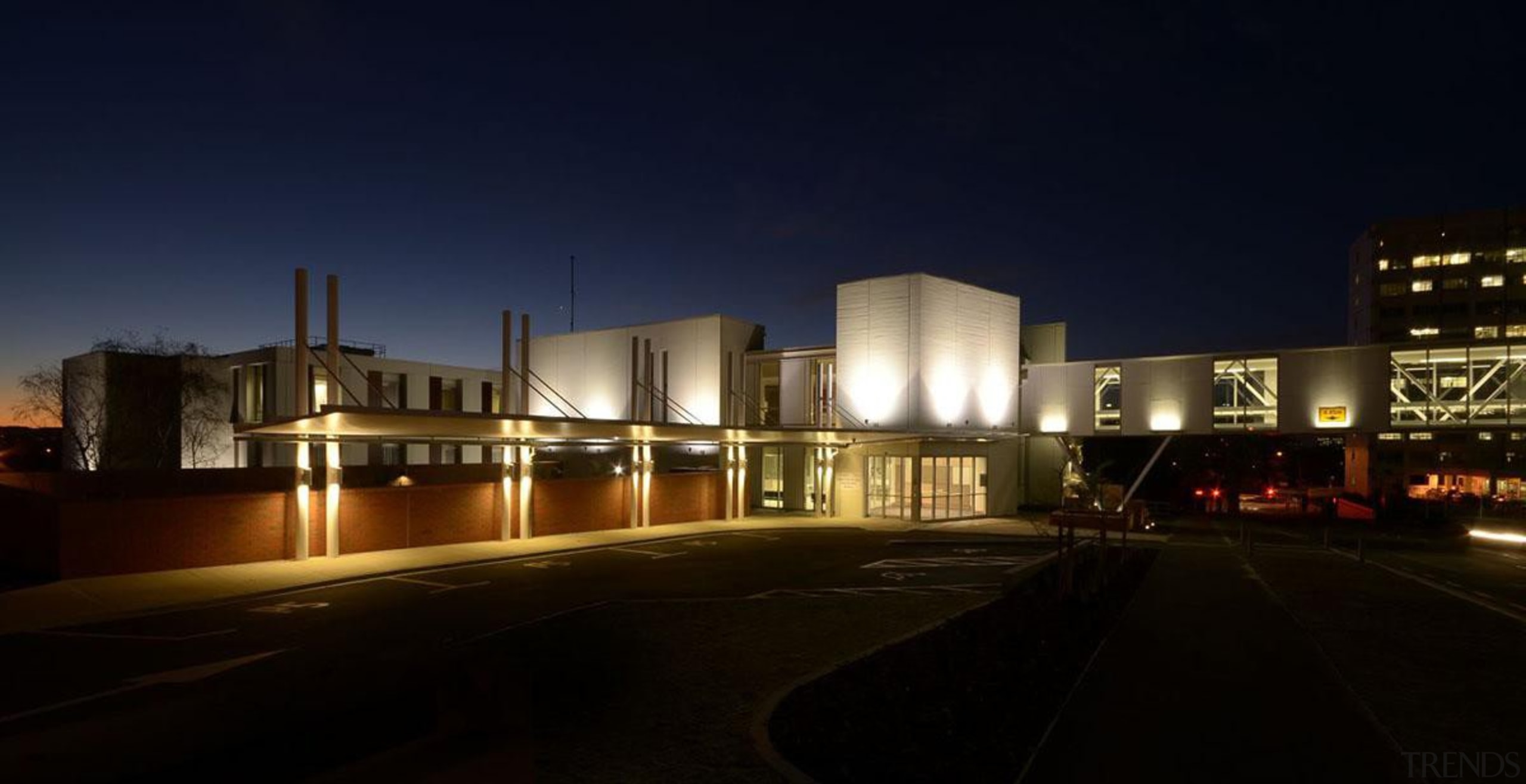 NOMINEEWaikato District Health Board - Older Persons and... architecture, building, city, corporate headquarters, downtown, evening, facade, lighting, metropolis, mixed use, night, real estate, residential area, sky, black, blue