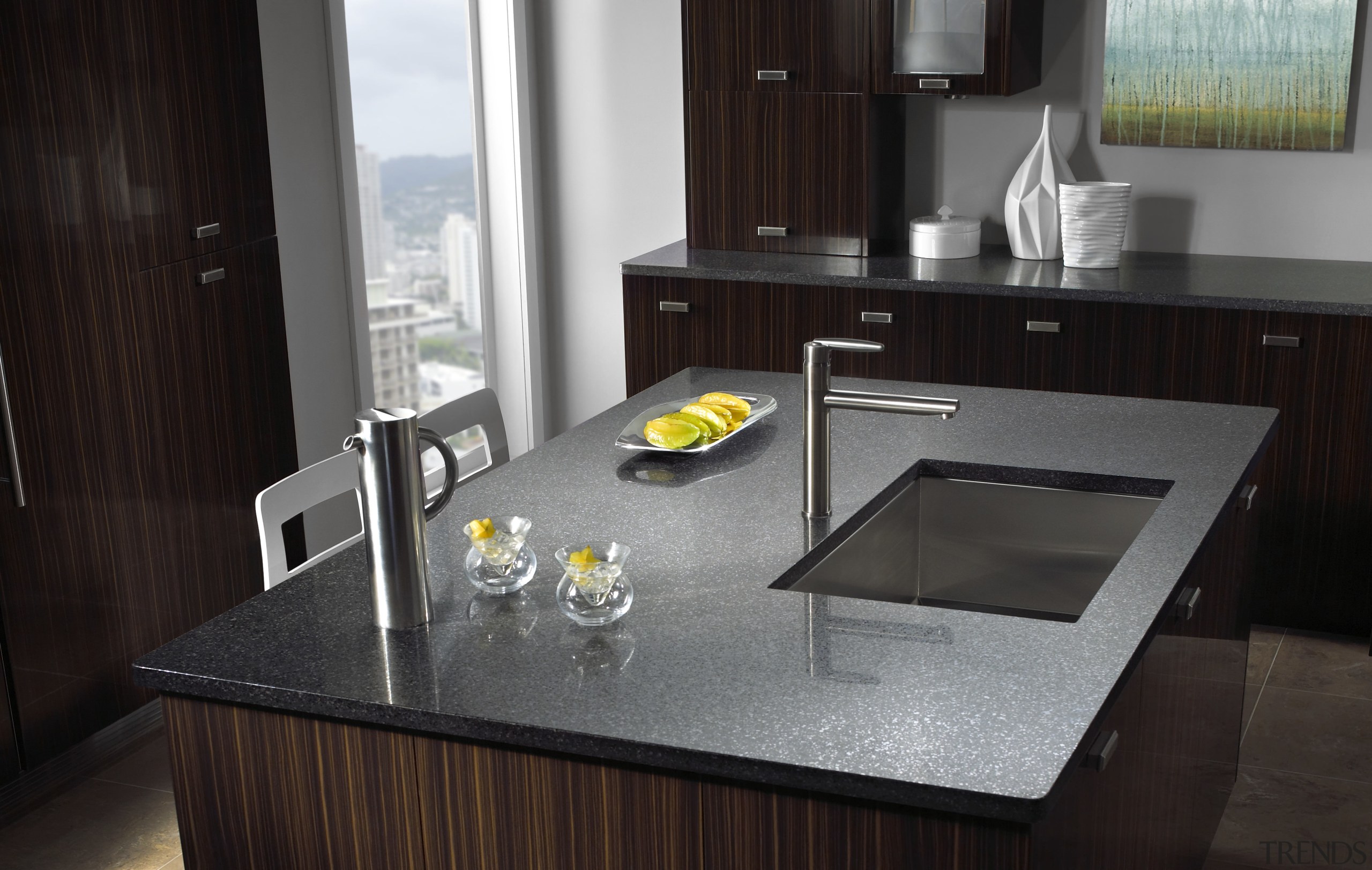 View of Silestone surfaces available from Cosentino. countertop, interior design, kitchen, sink, black, gray