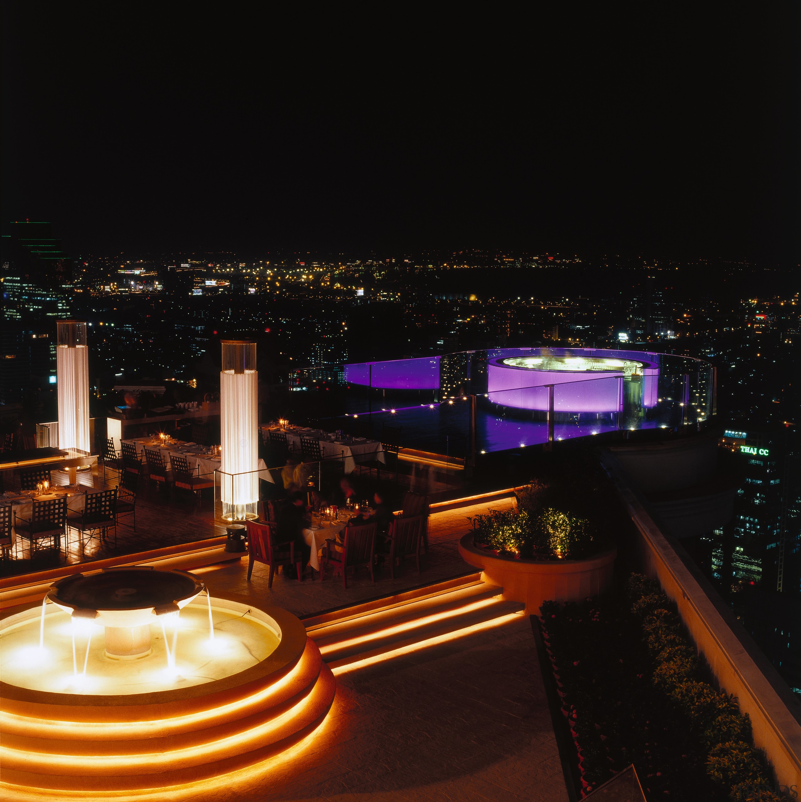 View of the bar - View of the architecture, city, cityscape, light, lighting, metropolis, metropolitan area, night, reflection, black