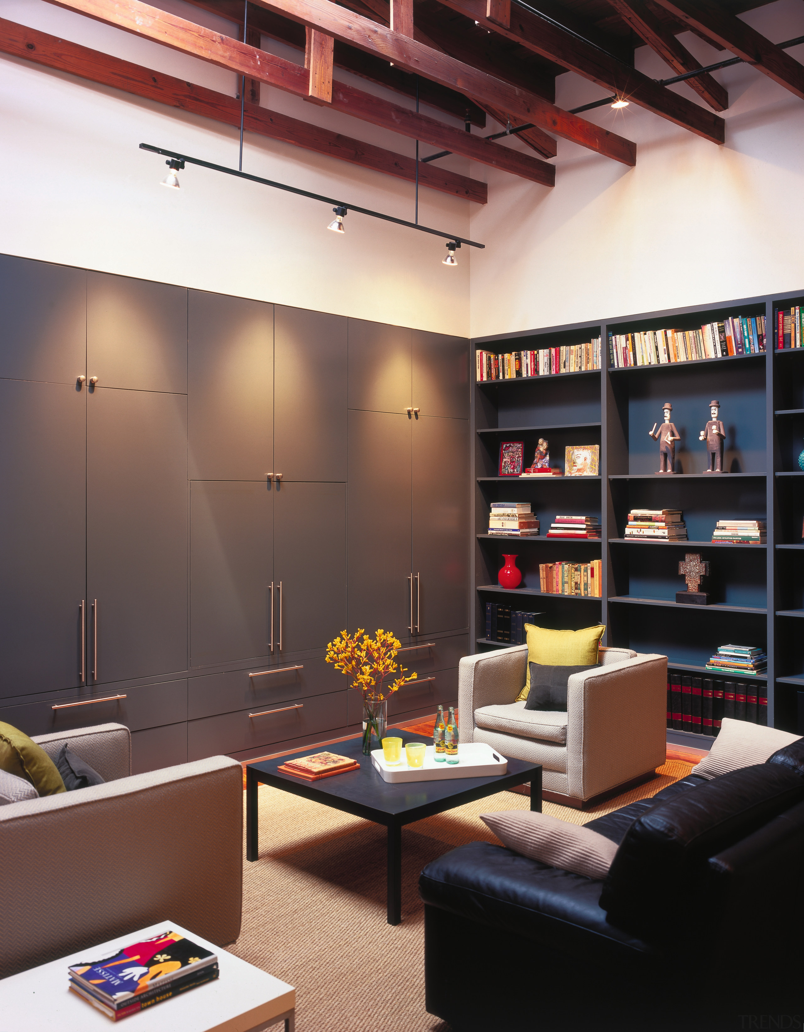 A view of the interior living area featuring ceiling, furniture, interior design, living room, loft, shelving, black