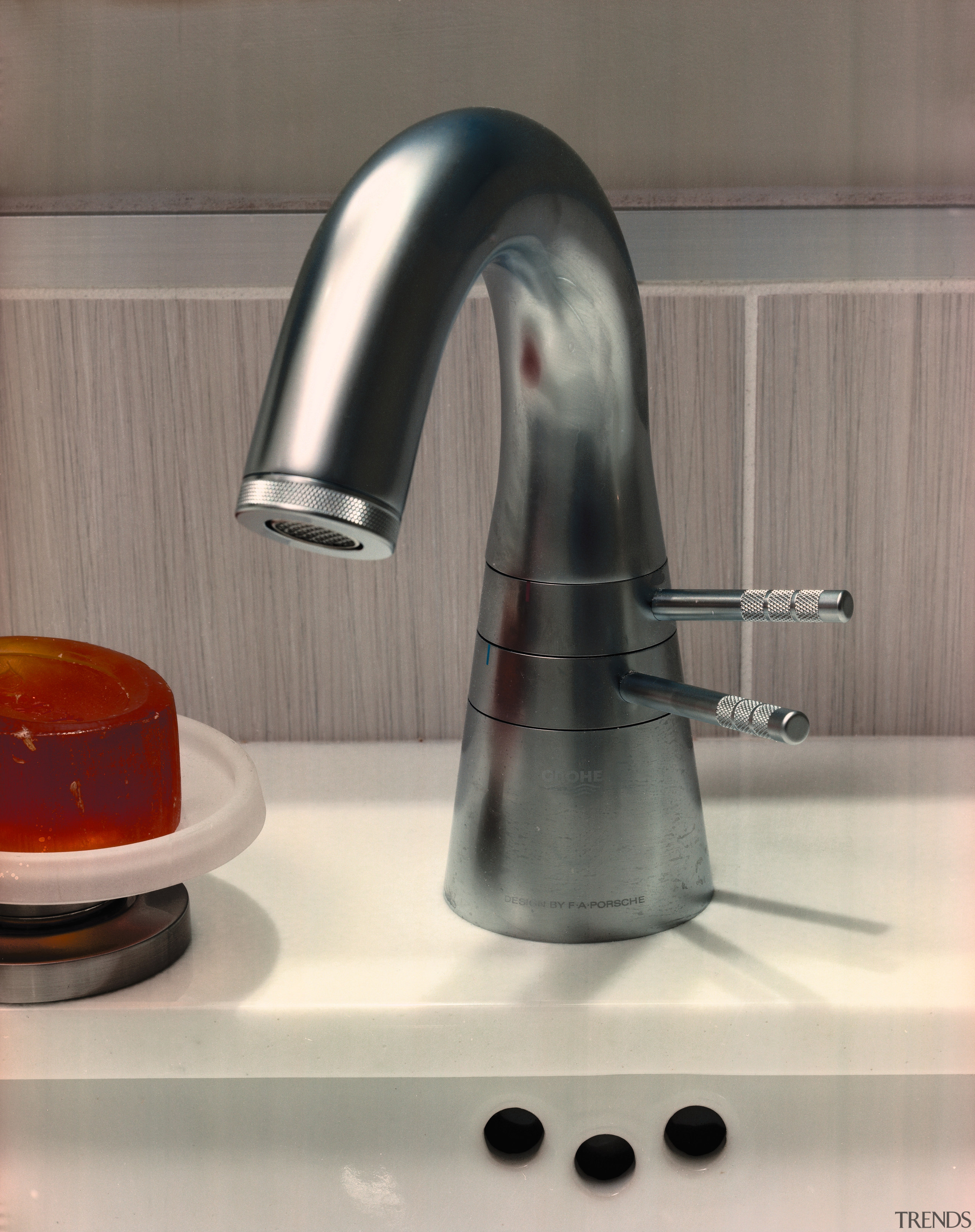 View of metal faucet with sliding controls. - plumbing fixture, product design, tap, gray