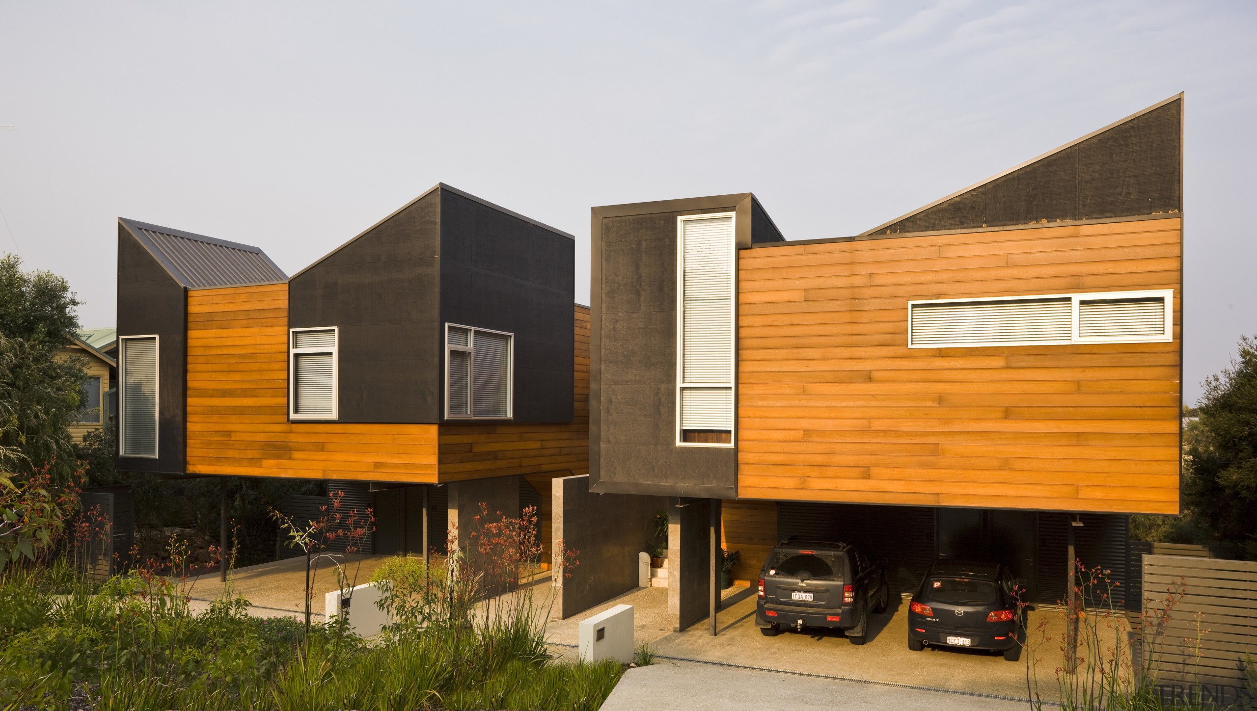 View of the exterior of a Glenn Russel architecture, building, elevation, facade, home, house, real estate, residential area, siding, wood, white, brown