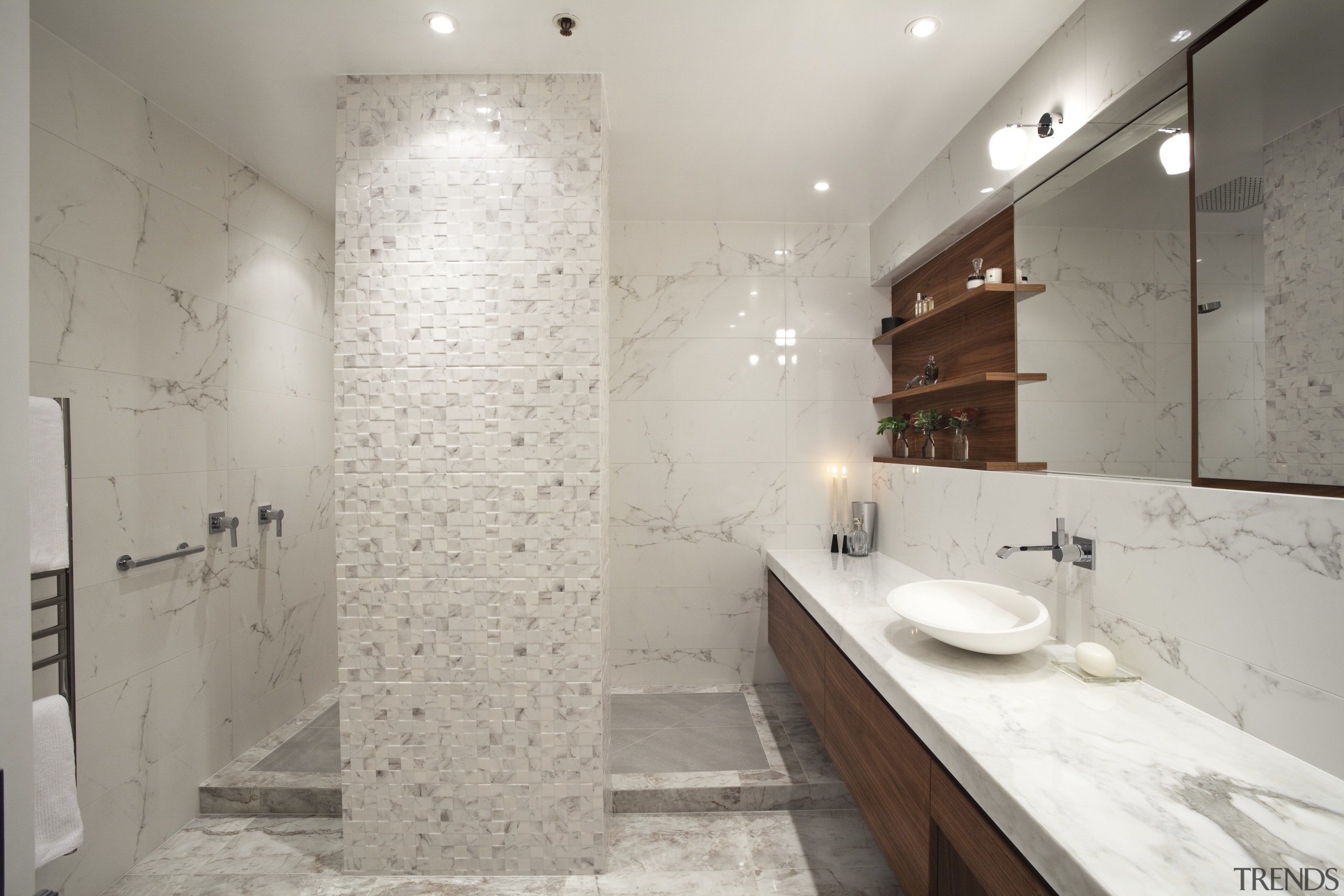 This internal bathroom in a penthouse apartment was bathroom, floor, interior design, property, room, sink, tile, gray