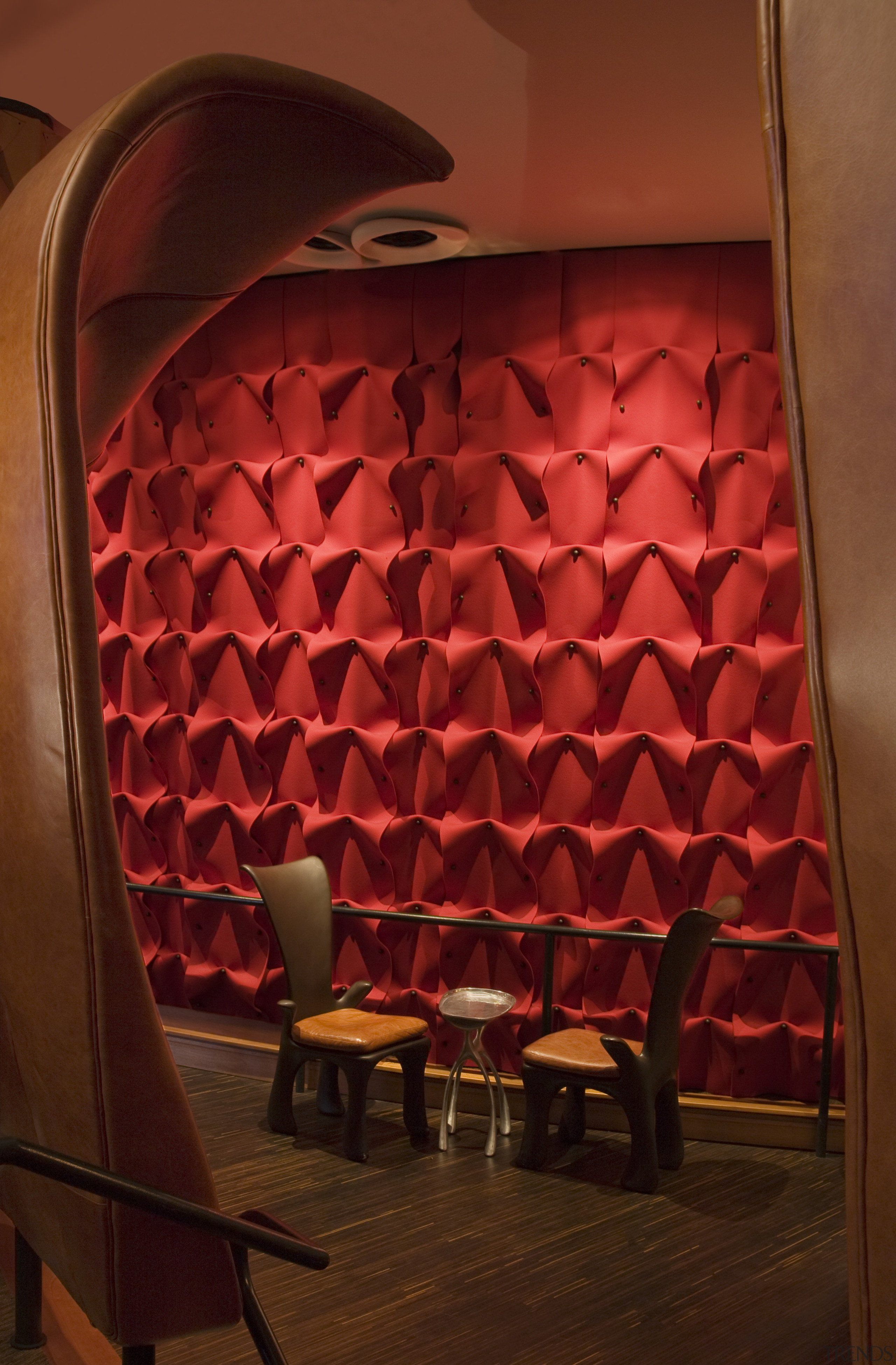 Feast for the eyes  Américas River Oaks chair, design, flooring, furniture, interior design, light, light fixture, lighting, lighting accessory, table, wall, red, brown