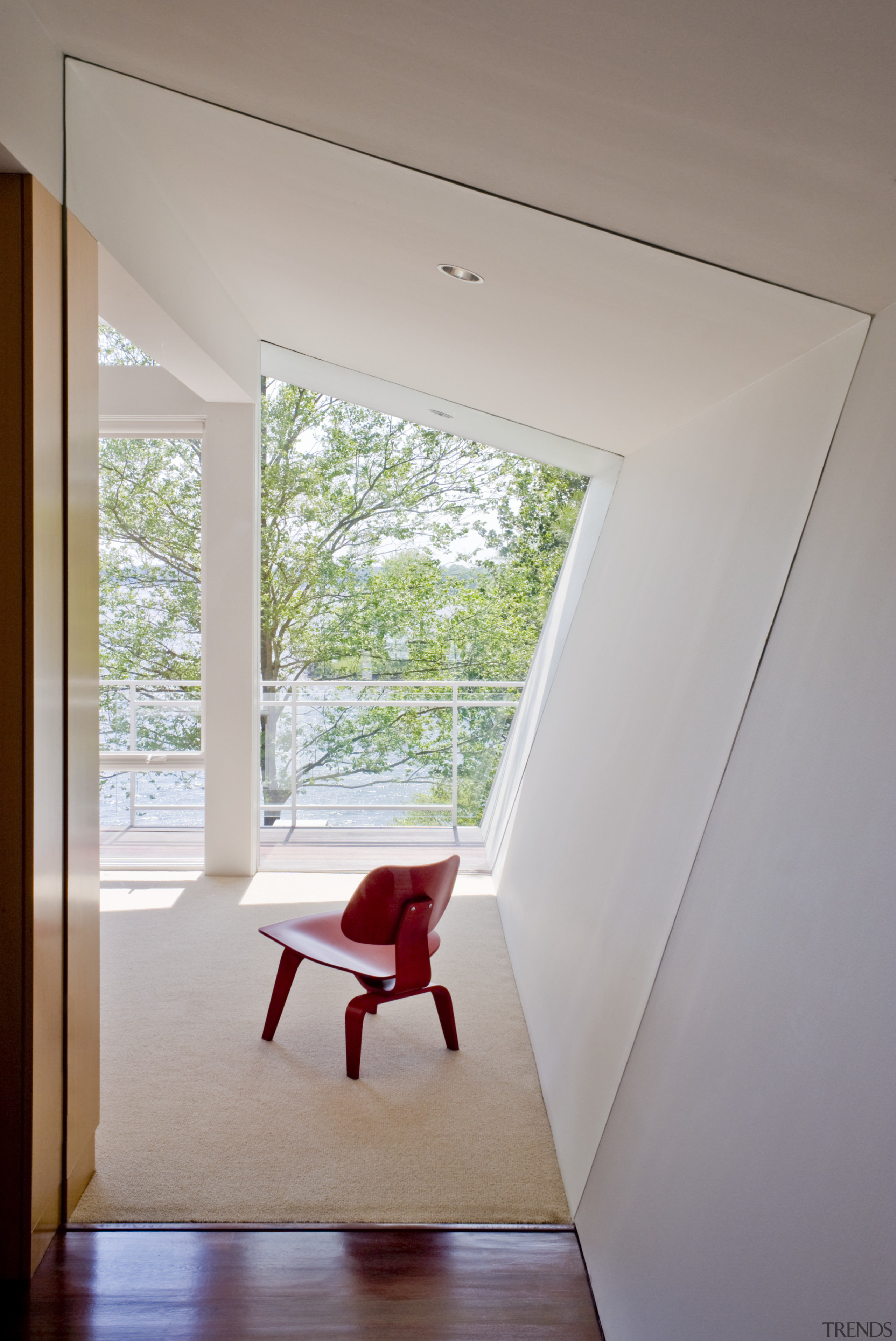 View of red chair. - View of red architecture, ceiling, daylighting, floor, home, house, interior design, table, window, wood, gray