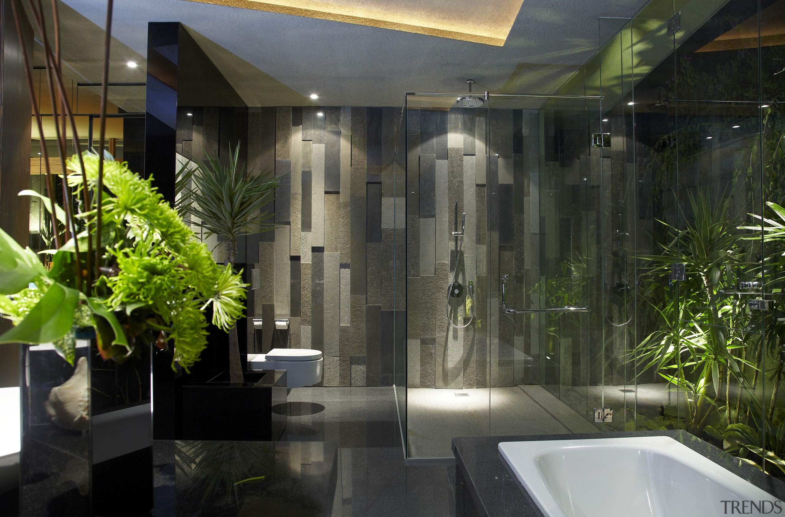 Floor-to-ceiling glass opens up this bathroom to the architecture, home, interior design, black