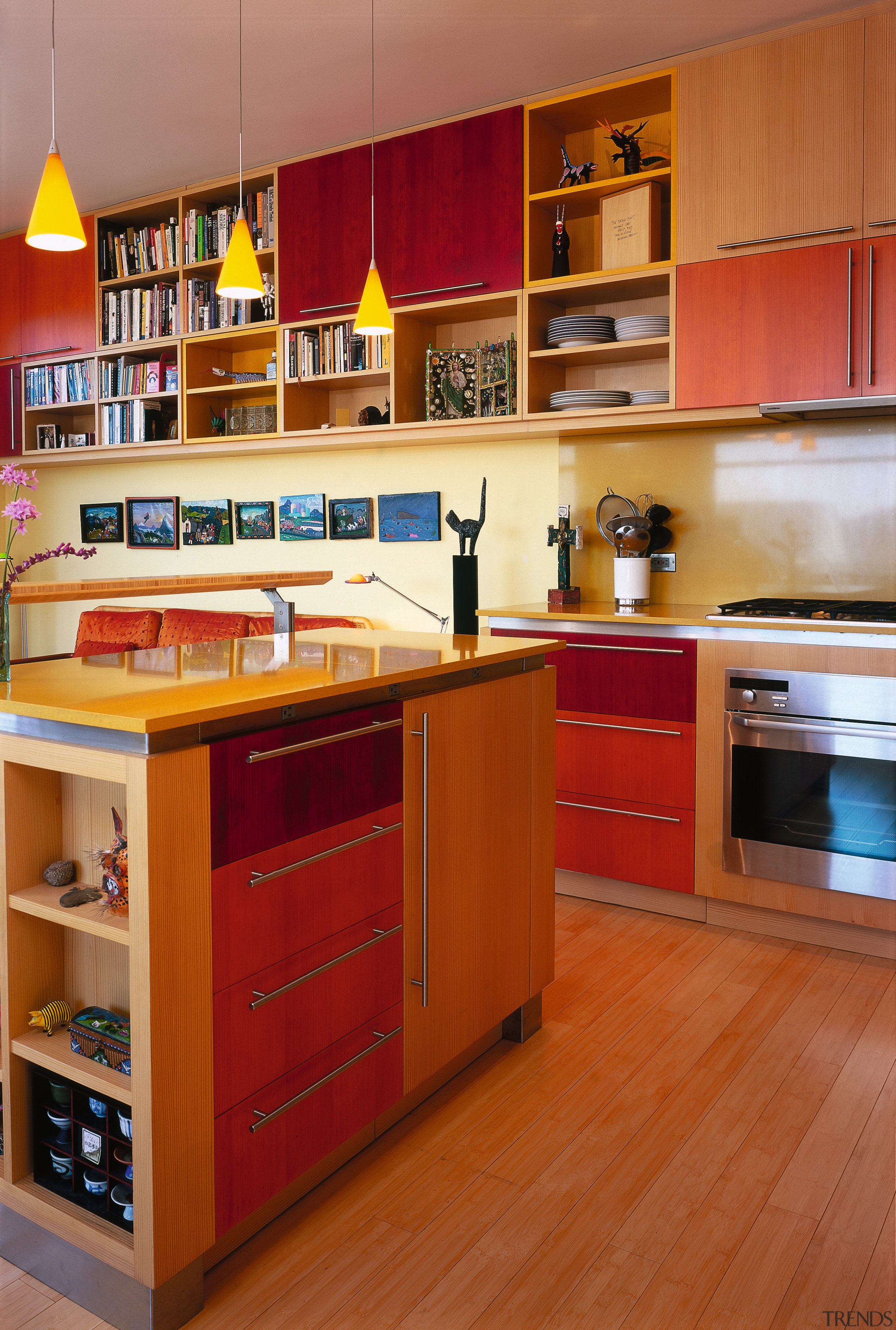 A view of the kitchen area, wooden flooring cabinetry, countertop, cuisine classique, hardwood, interior design, kitchen, room, shelf, shelving, wood, brown, orange