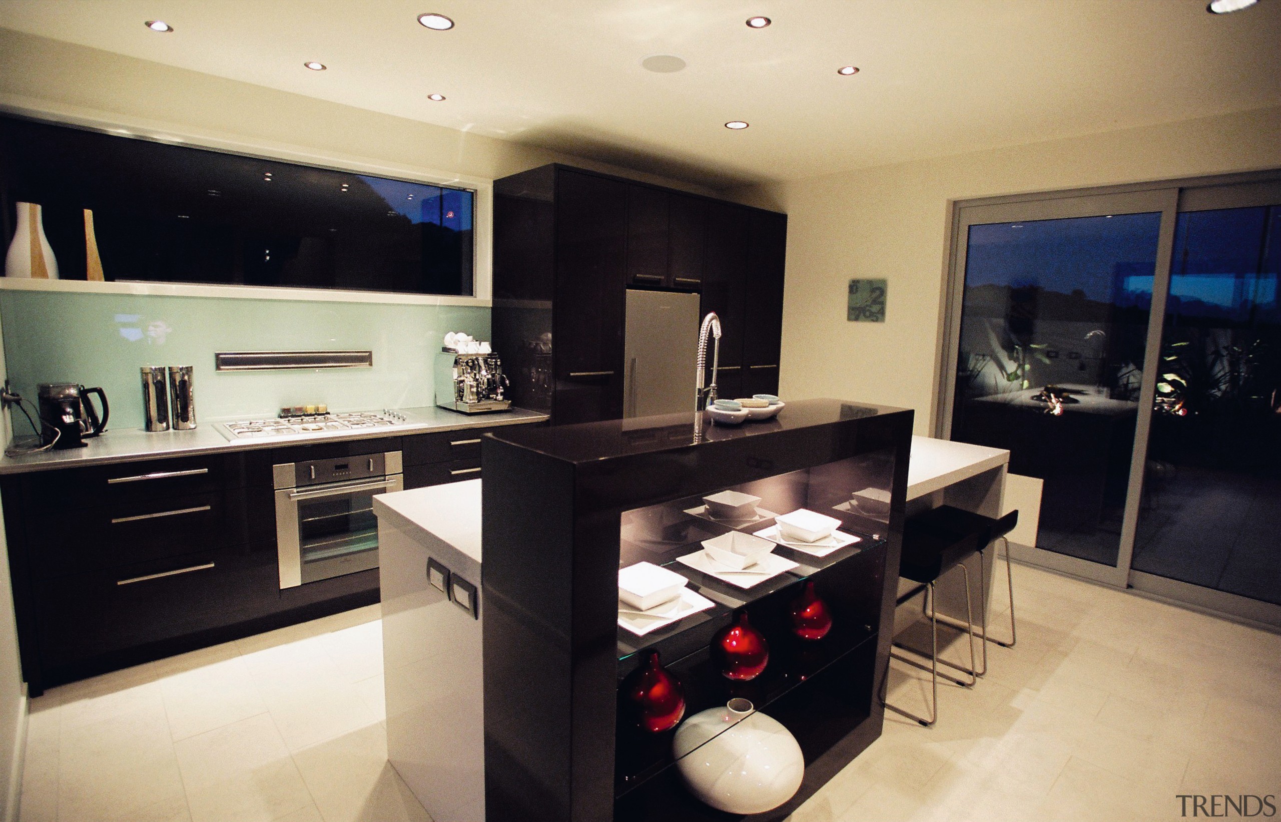Kitchen with black and white cabinetry, quartz countertop, countertop, interior design, kitchen, property, room, orange, black