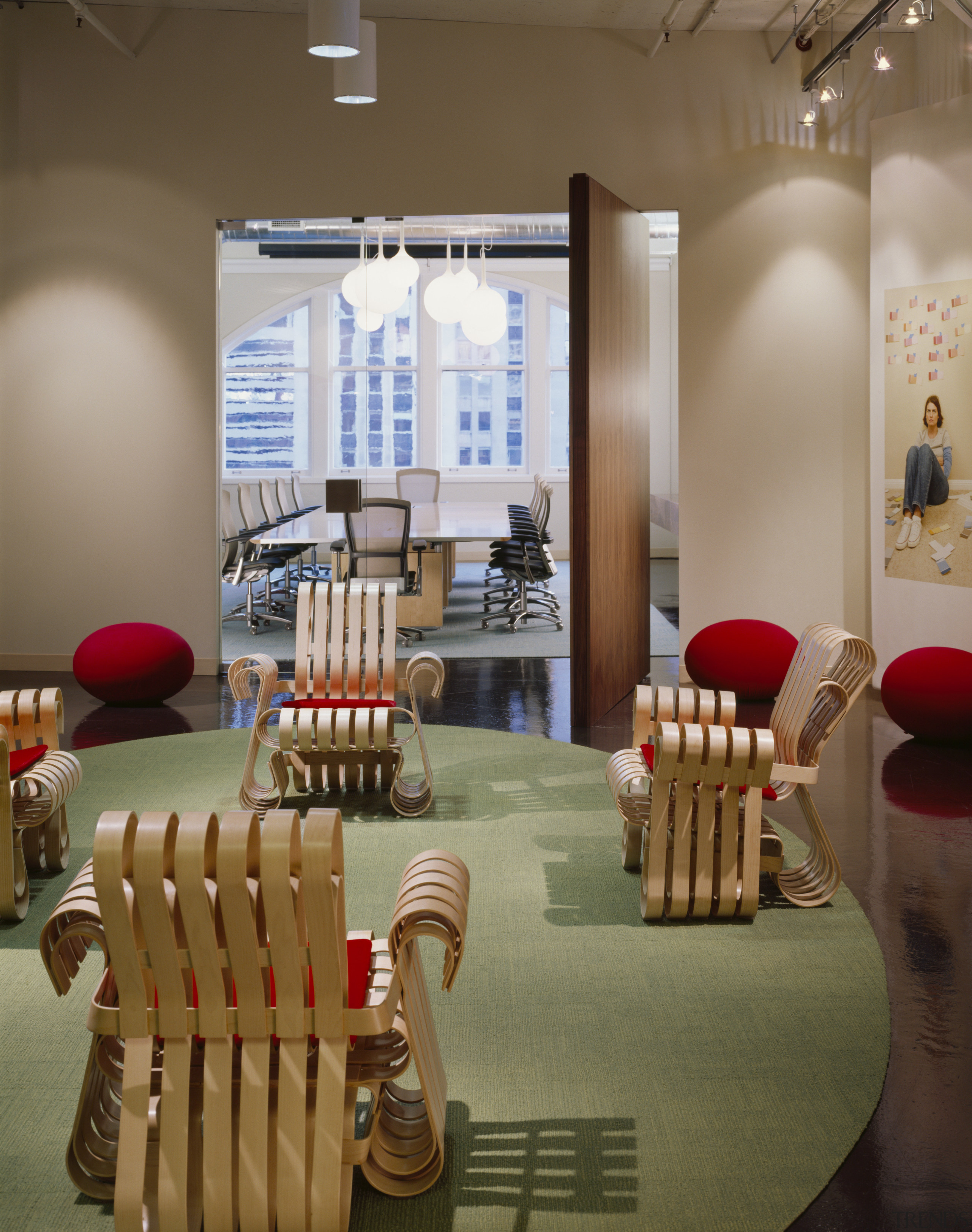 A view of the Marcs office reception area furniture, interior design, table, brown