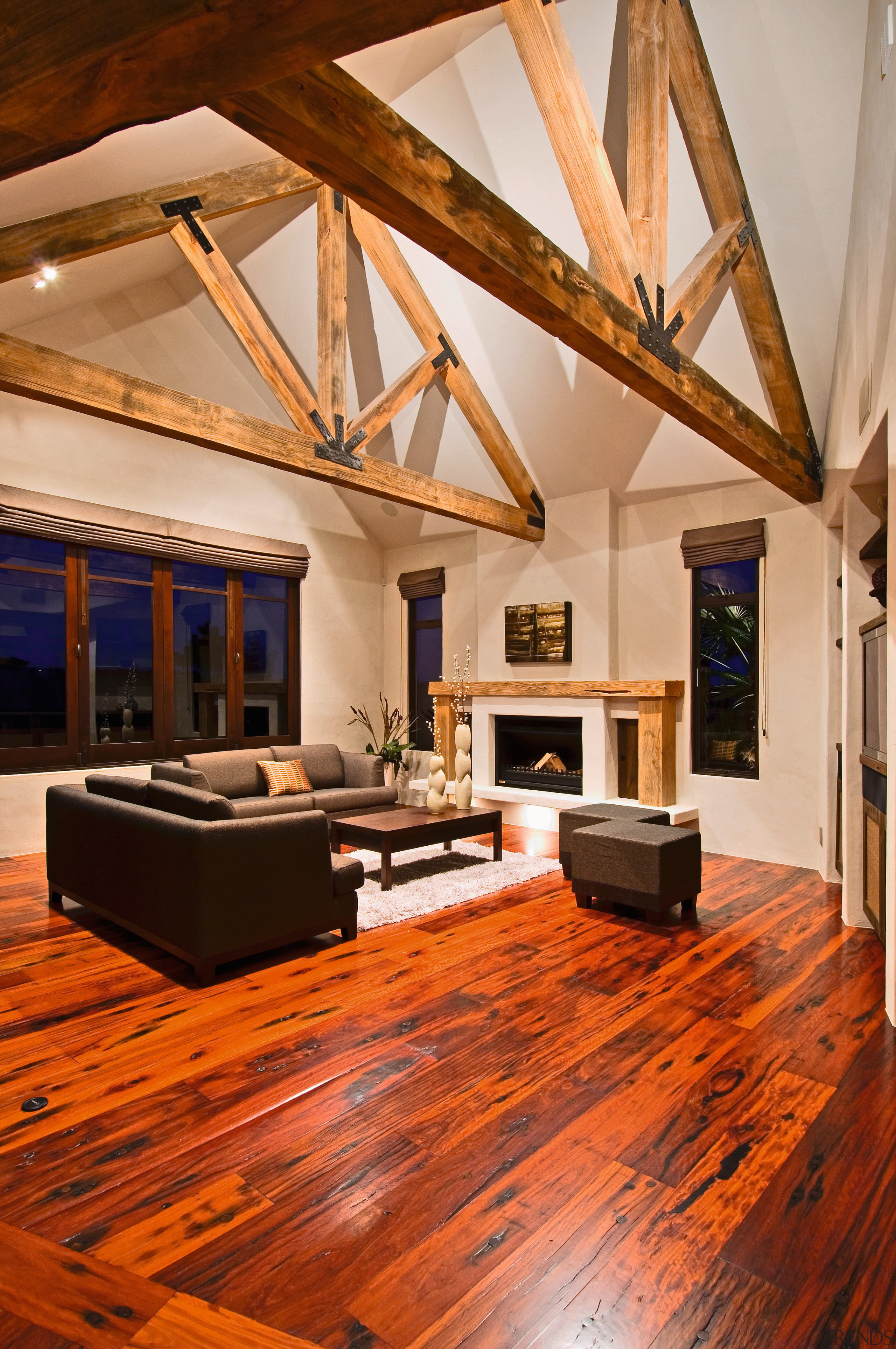 view of the living area featuring polished jarrah beam, ceiling, daylighting, floor, flooring, hardwood, home, interior design, laminate flooring, living room, loft, real estate, room, wood, wood flooring, brown, orange