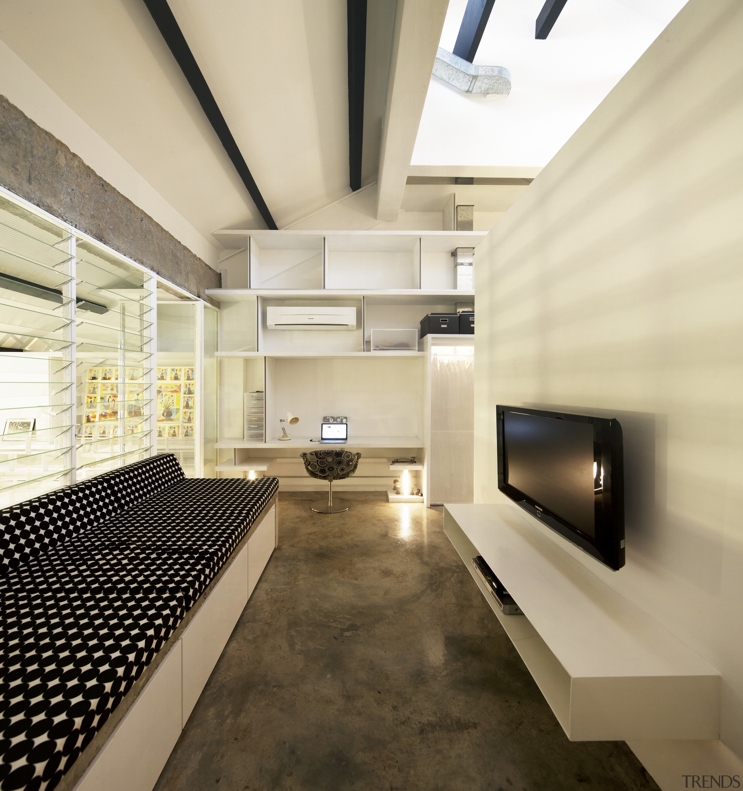 An upstairs living space in this office-apartment conversion architecture, ceiling, countertop, floor, interior design, orange