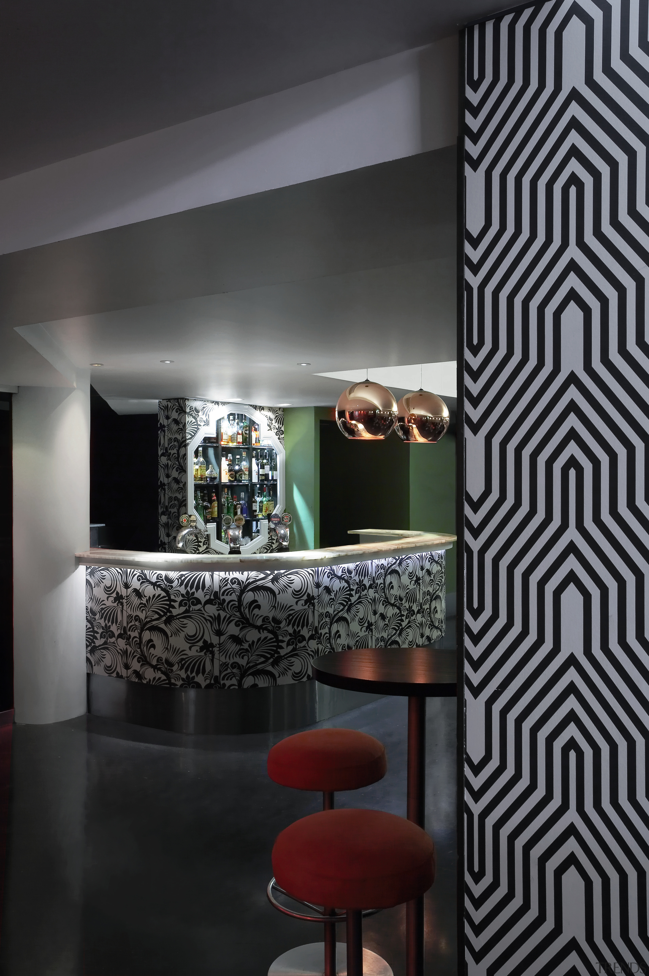 The entrance of the Hunter Bar incorporates three architecture, ceiling, design, glass, interior design, light fixture, wall, wallpaper, black, gray