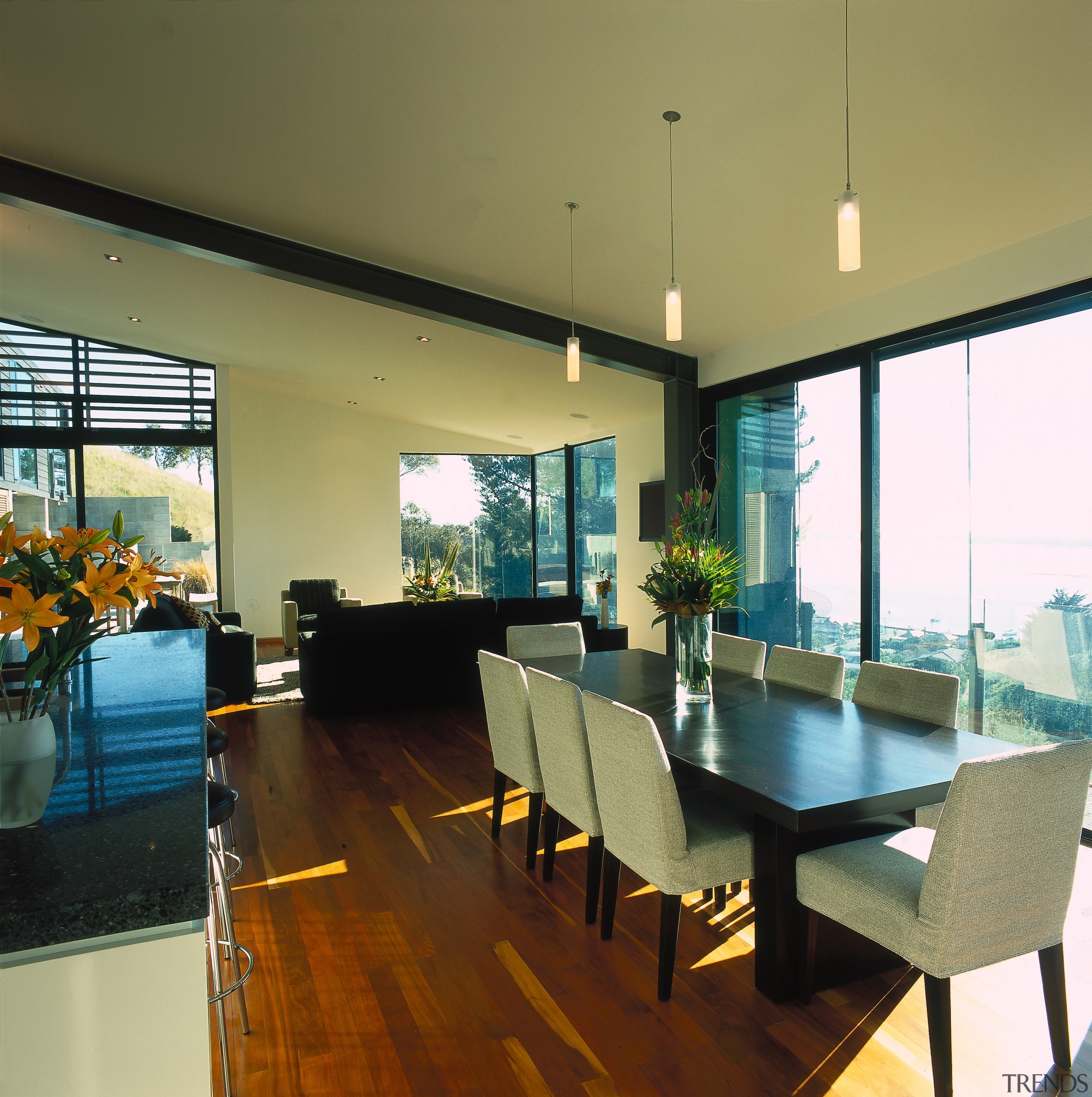 View of the dining area, wooden flooring, wooden architecture, ceiling, dining room, house, interior design, real estate, room, table, window, brown