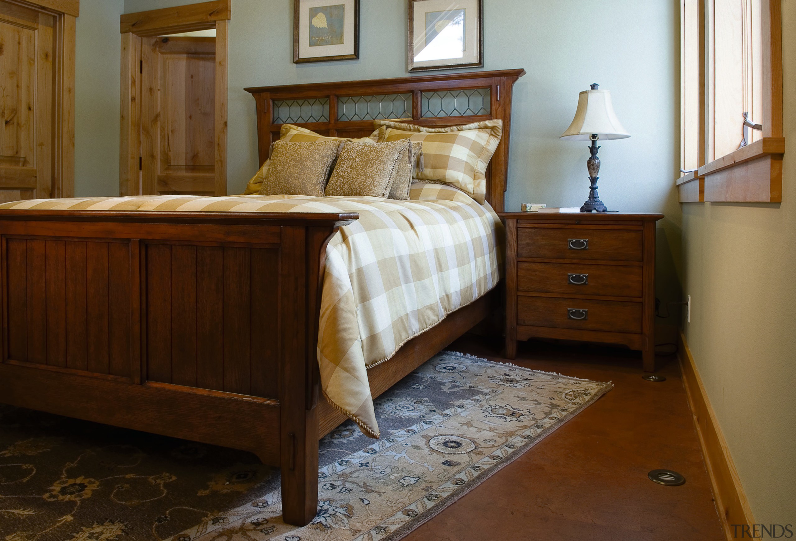 A view of the brass vents  that bed, bed frame, bedroom, chest of drawers, drawer, floor, flooring, furniture, hardwood, home, interior design, mattress, nightstand, product, room, wood, wood flooring, wood stain, brown