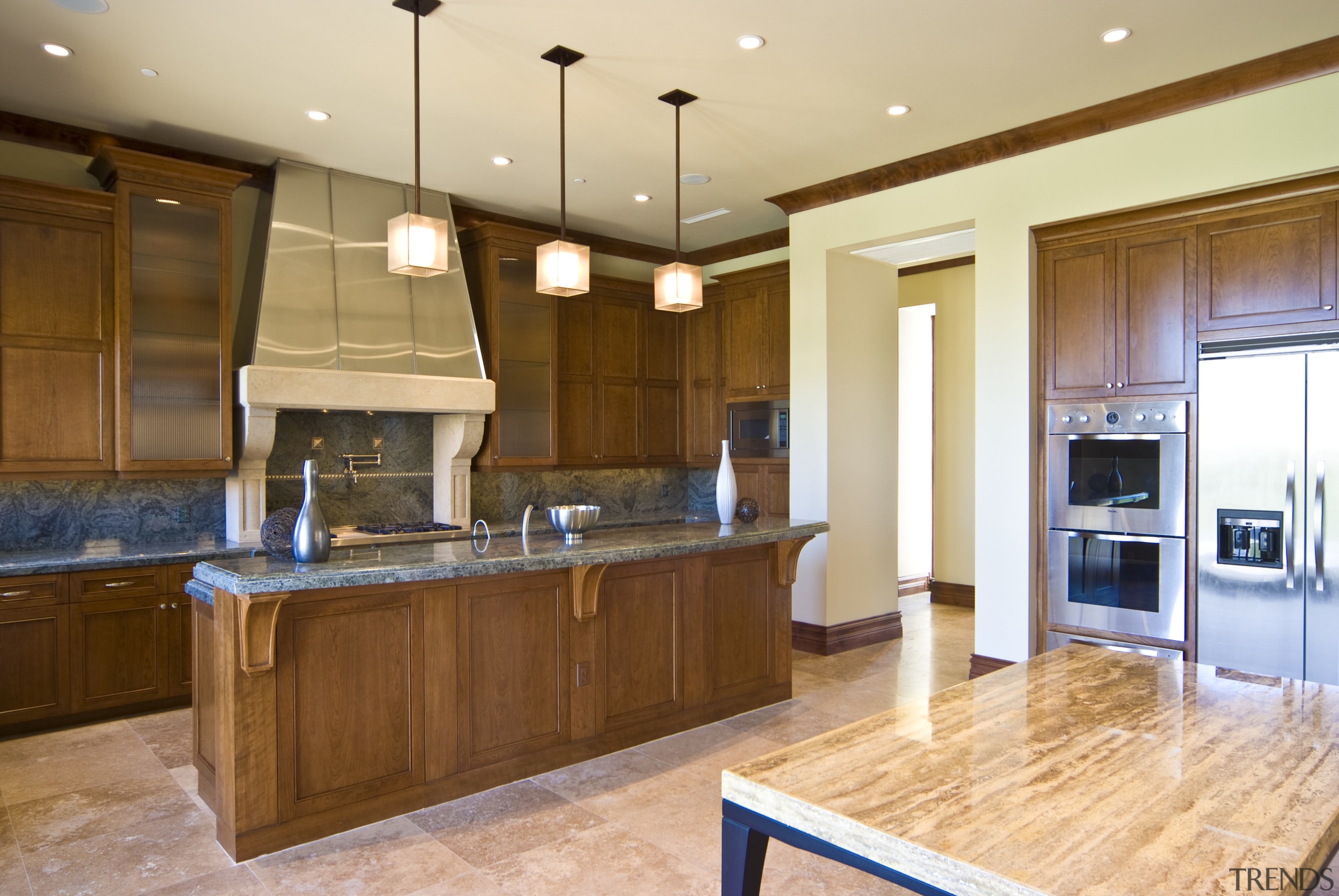 Kitchen wooden floors bench table fridge - Kitchen cabinetry, countertop, cuisine classique, flooring, hardwood, interior design, kitchen, real estate, room, wood flooring, orange, brown