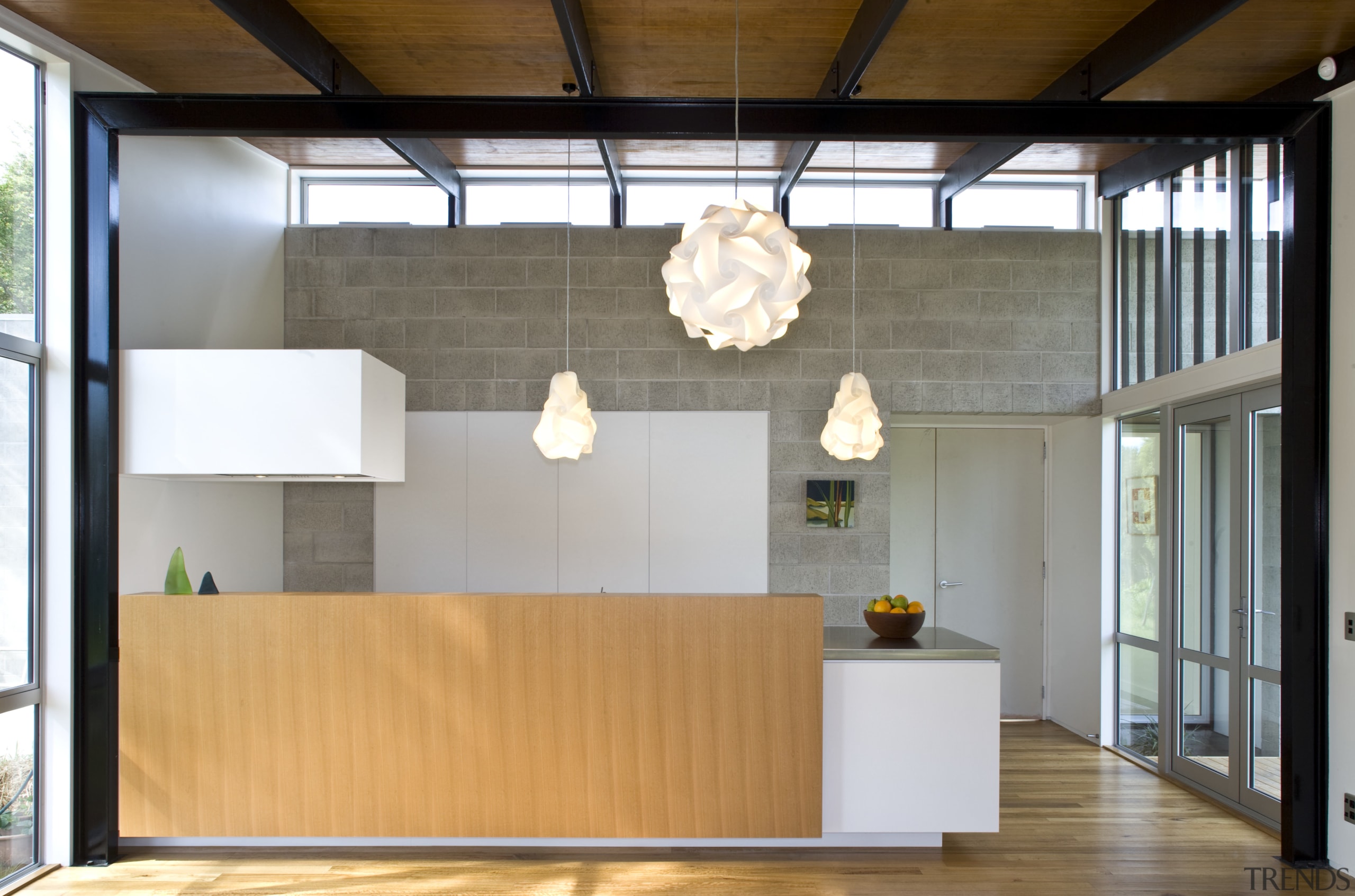 View of a kitchen which features a hood architecture, ceiling, house, interior design, loft, gray, white
