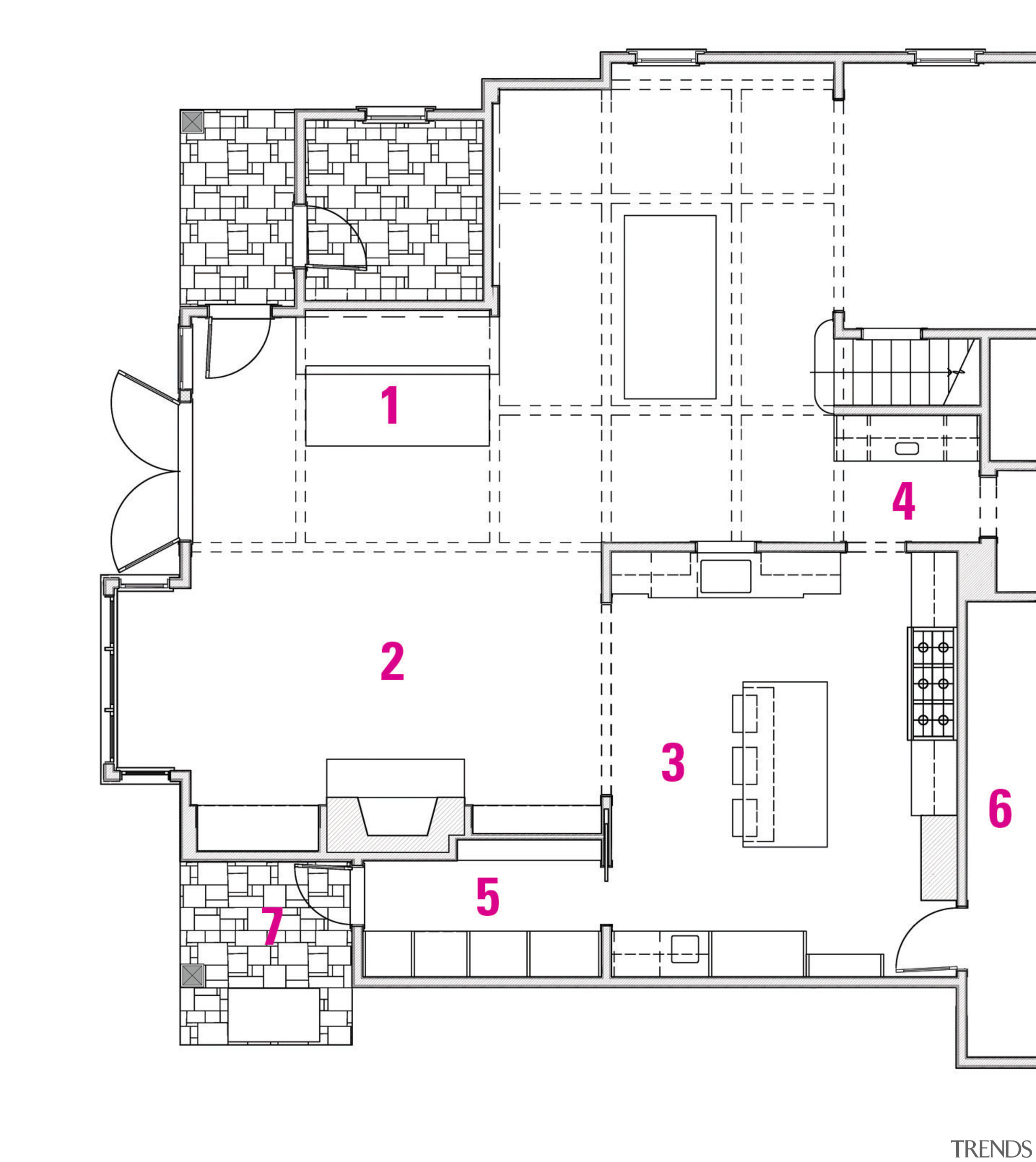 1 family dining. 2 family room. 3 kitchen. architecture, area, design, diagram, drawing, floor plan, land lot, line, plan, product design, residential area, text, white