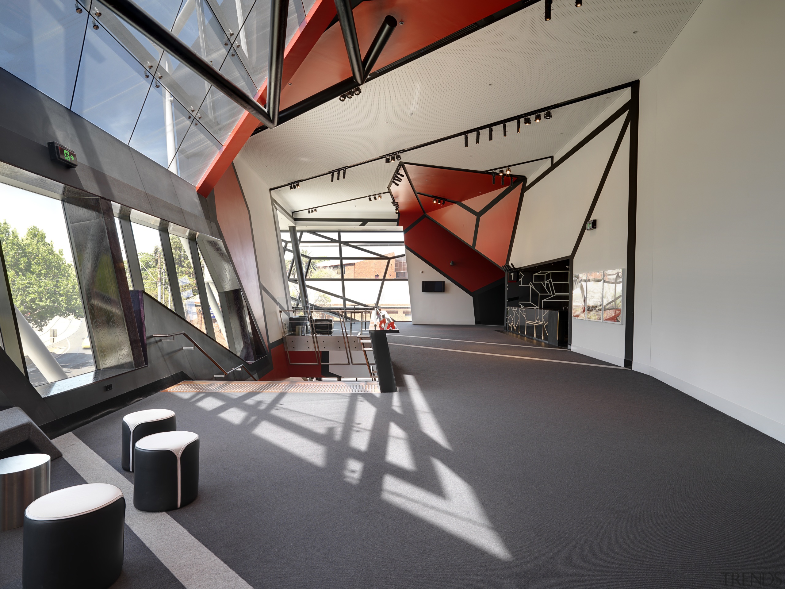 Interior view of the first floor of the architecture, interior design, structure, gray, black