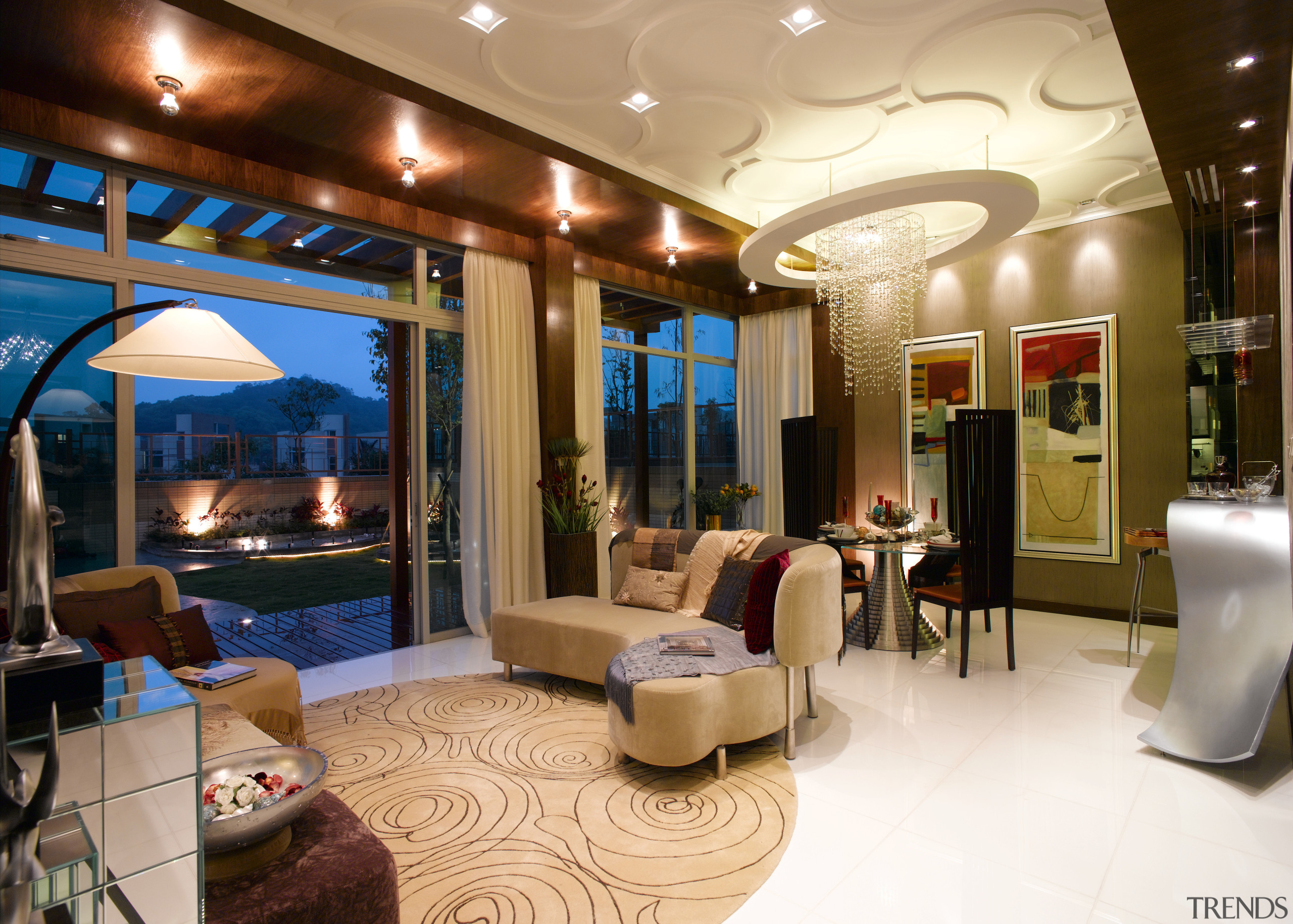 View of living and dining aream chandelier, marble ceiling, interior design, living room, lobby, real estate, orange