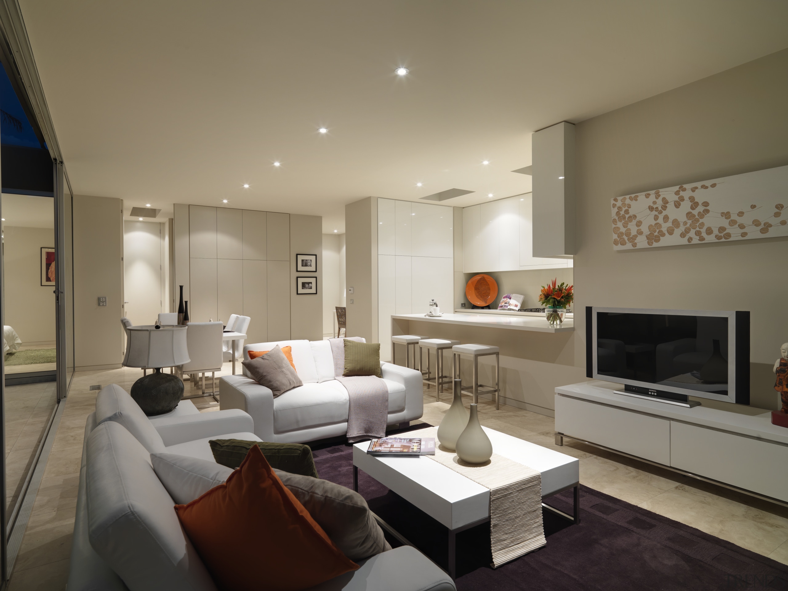 View of open-plan living and dining area with ceiling, interior design, interior designer, living room, real estate, room, brown, gray