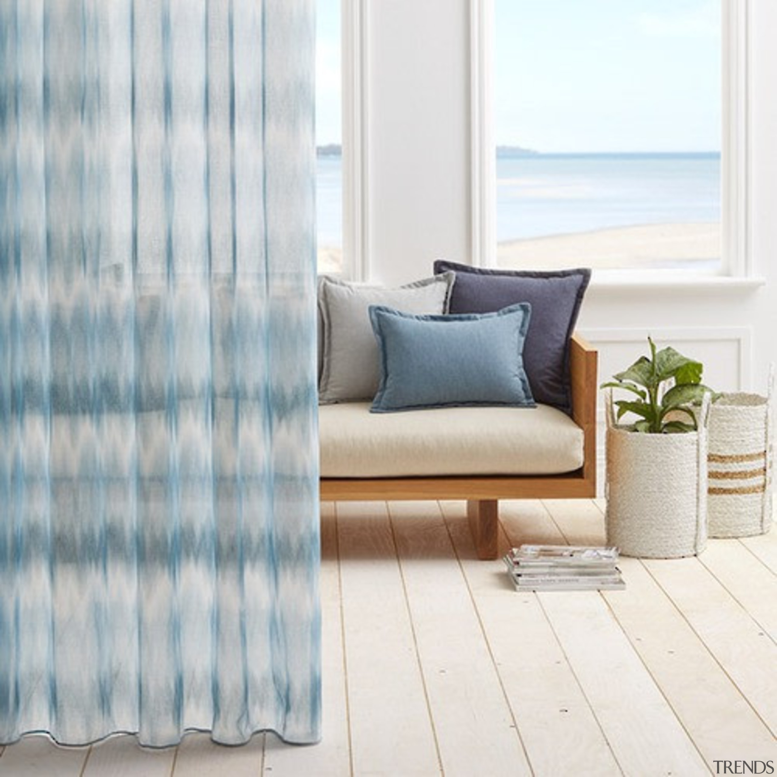 Serene and timeless, COAST combines a stylish ombre couch, curtain, cushion, floor, flooring, furniture, home, interior design, living room, product, textile, window, window blind, window covering, window treatment, wood, white