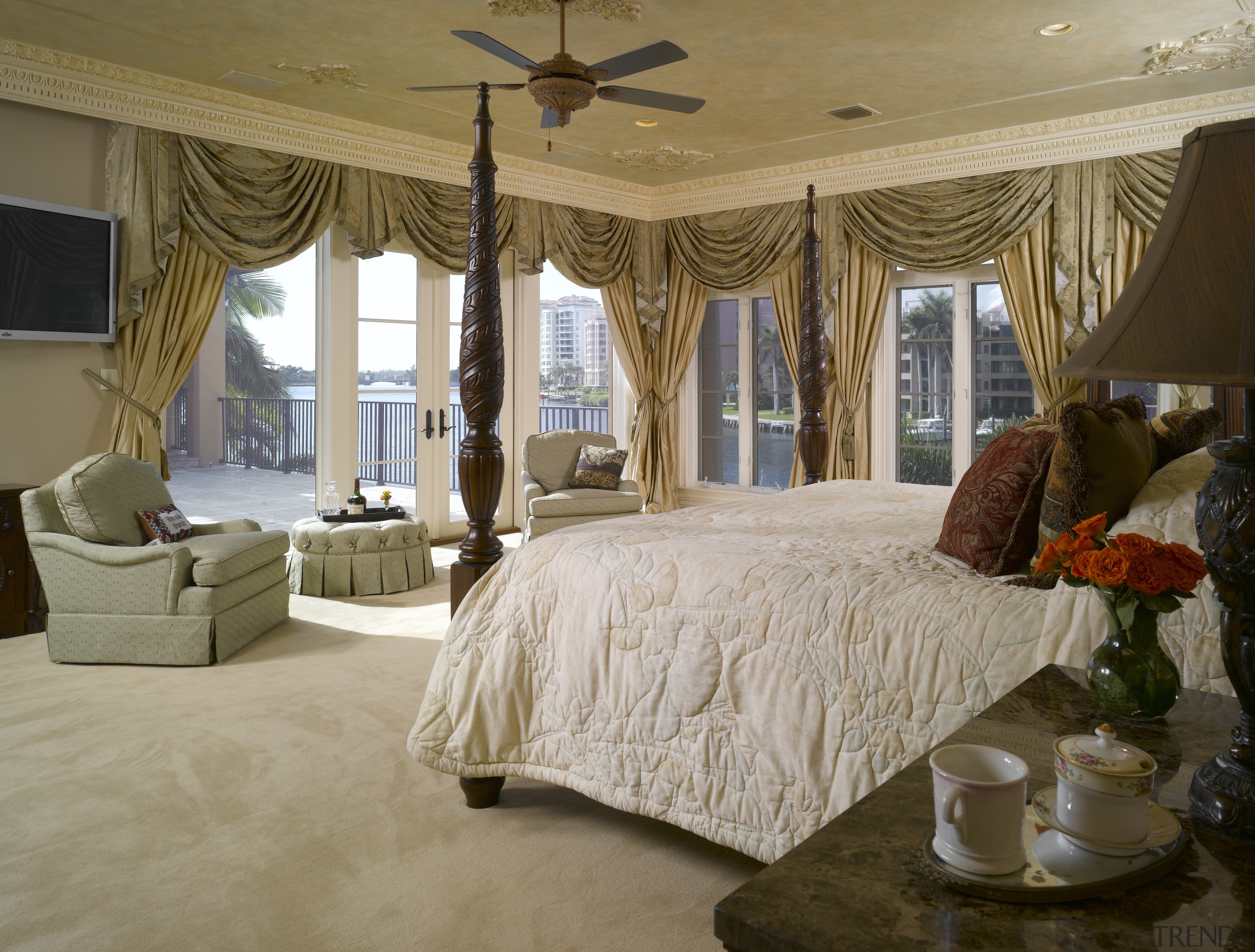 View of the main bedroom and hallway featuring bed, bed frame, bedroom, ceiling, curtain, estate, floor, flooring, four poster, furniture, home, interior design, living room, property, room, textile, wall, window, window covering, window treatment, brown, gray