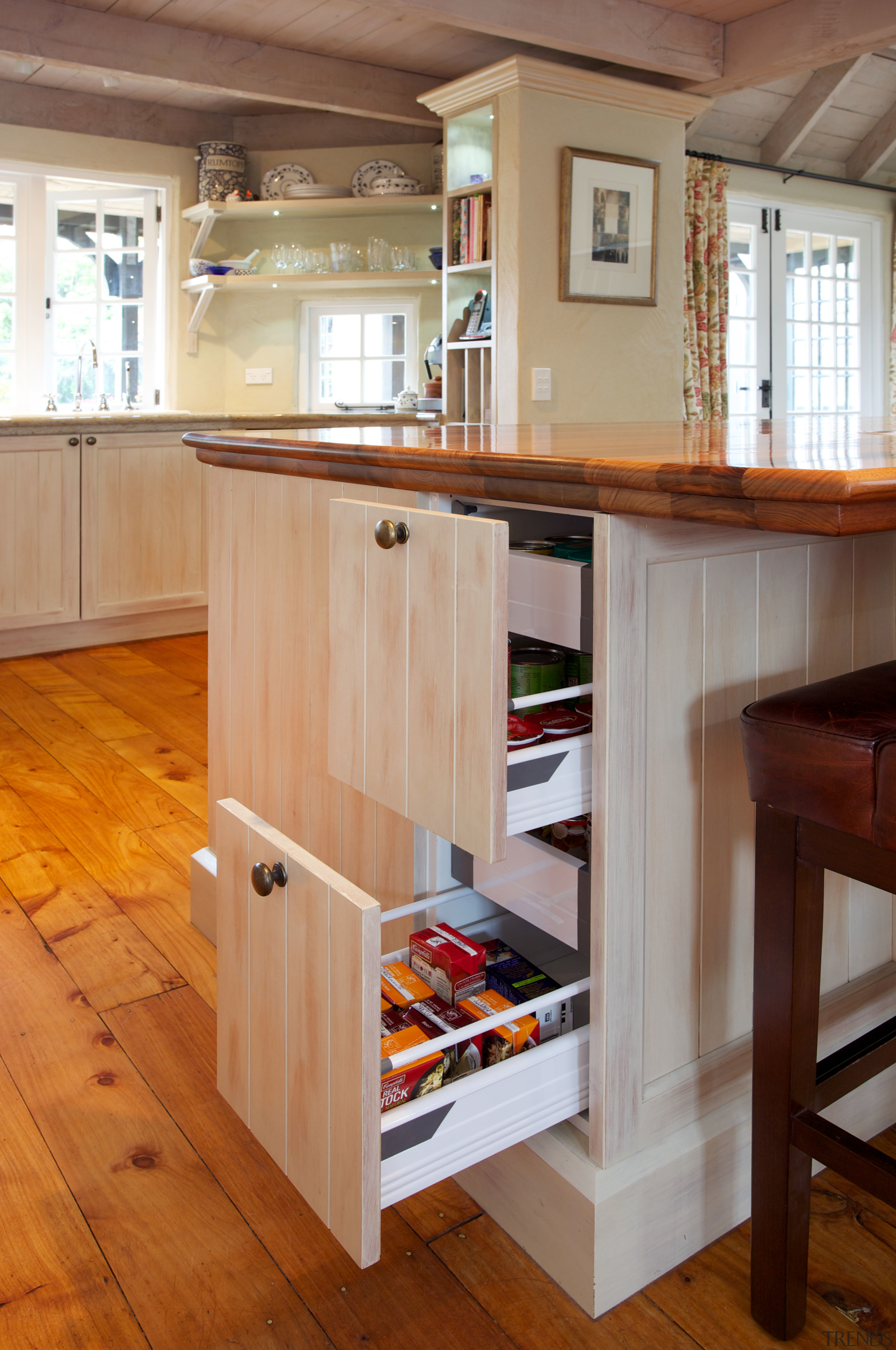 Deep drawers optimises storage space in this kitchen cabinetry, countertop, cuisine classique, drawer, floor, flooring, furniture, hardwood, interior design, kitchen, laminate flooring, room, shelf, shelving, table, wood, wood flooring, wood stain, brown