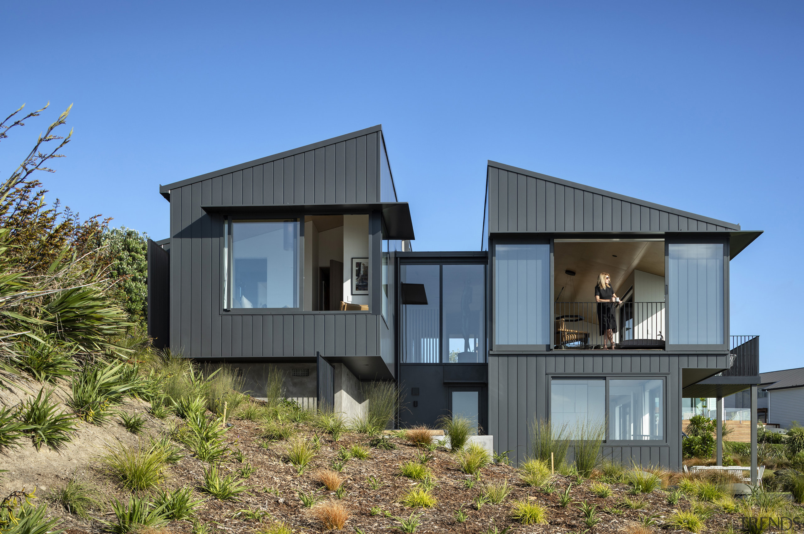 The ends of the coastal home's two wings 