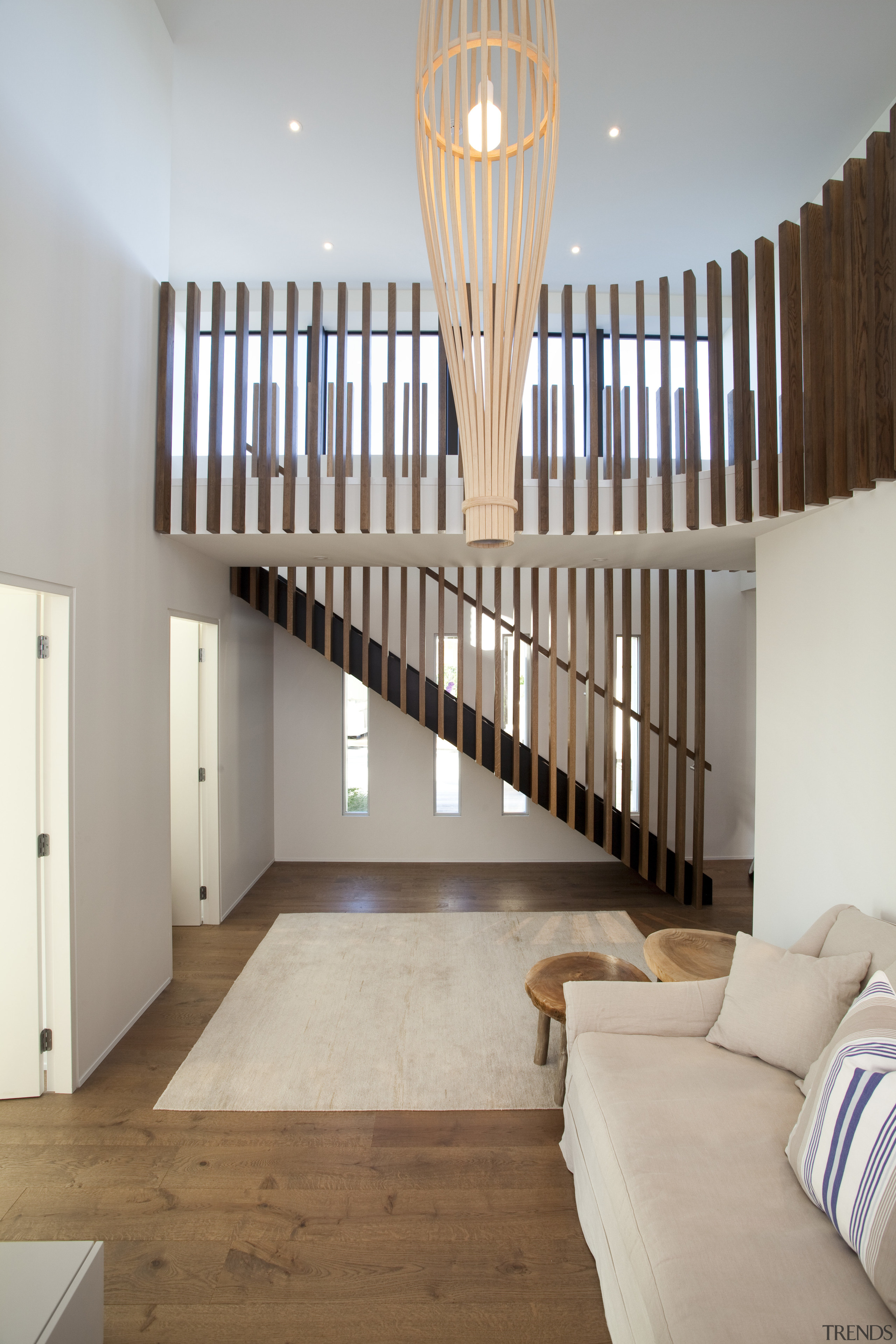Ponting Fitzgerald-designed beach house - Ponting Fitzgerald-designed beach architecture, baluster, ceiling, daylighting, floor, flooring, handrail, hardwood, home, interior design, room, stairs, wood, wood flooring, gray