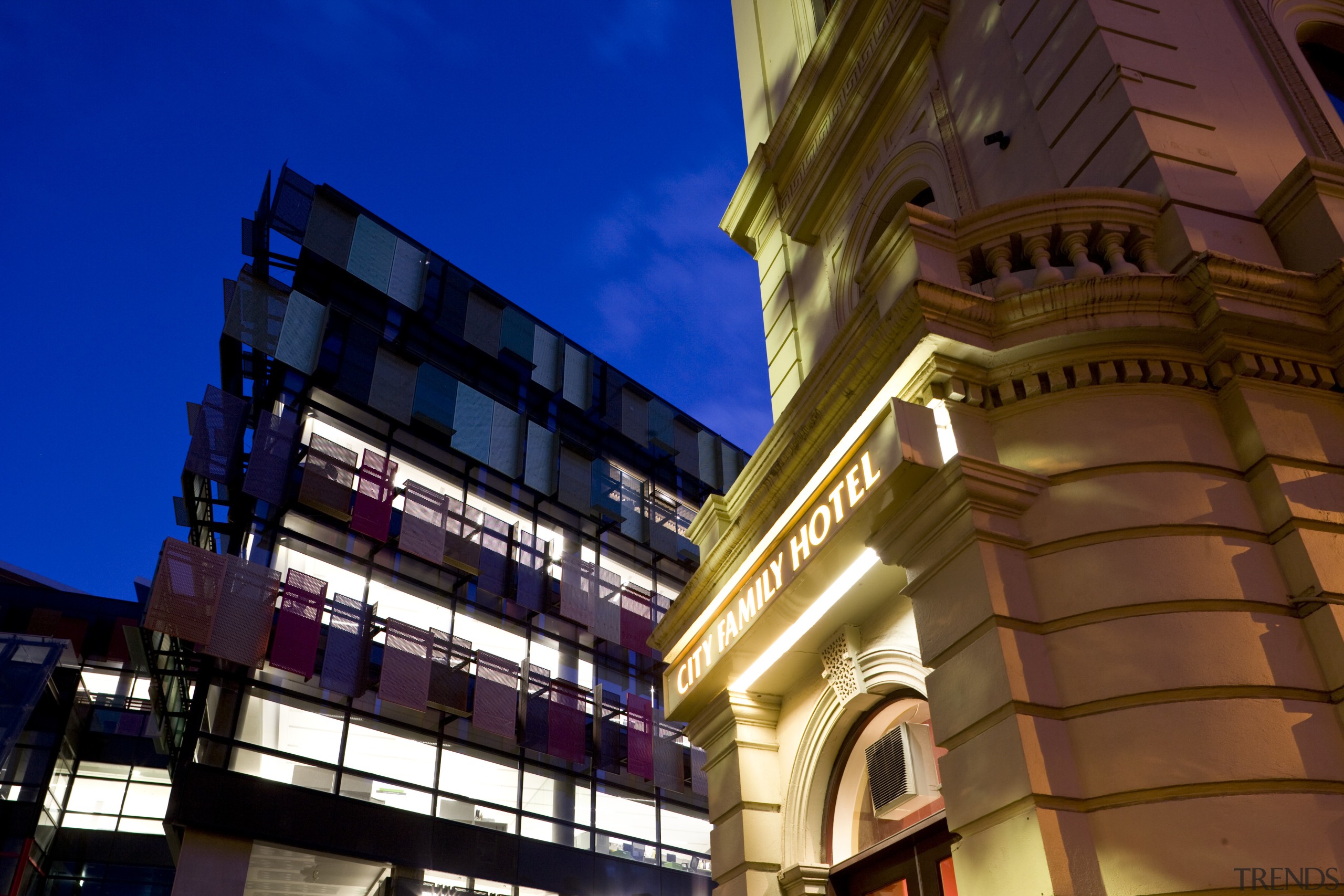 Exterior view of the Bendigo Bank sustainable building architecture, building, city, condominium, daytime, evening, facade, hotel, landmark, light, lighting, metropolis, metropolitan area, mixed use, night, sky, skyscraper, urban area, blue, brown