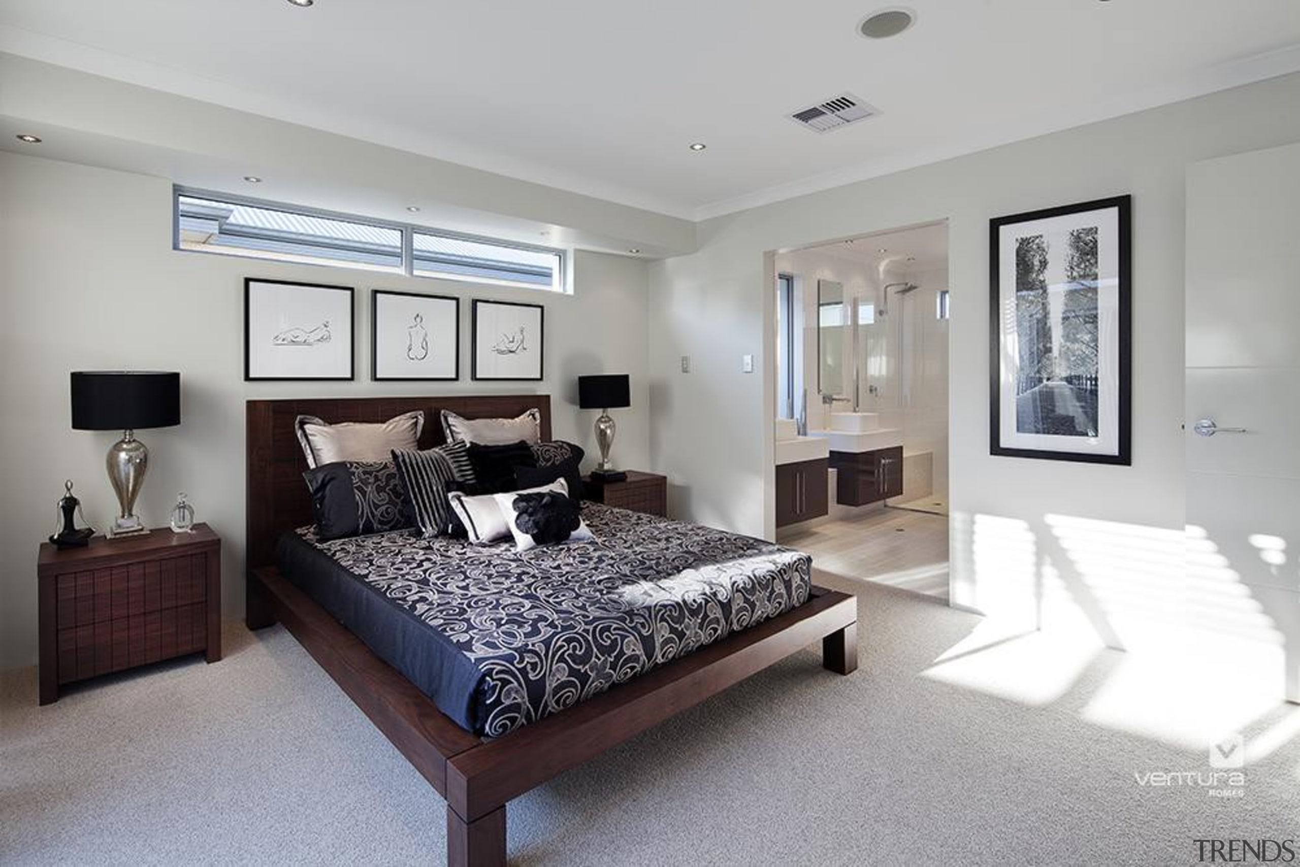 Master ensuite design. - The Nirvana Display Home bed frame, bedroom, ceiling, estate, home, interior design, property, real estate, room, gray