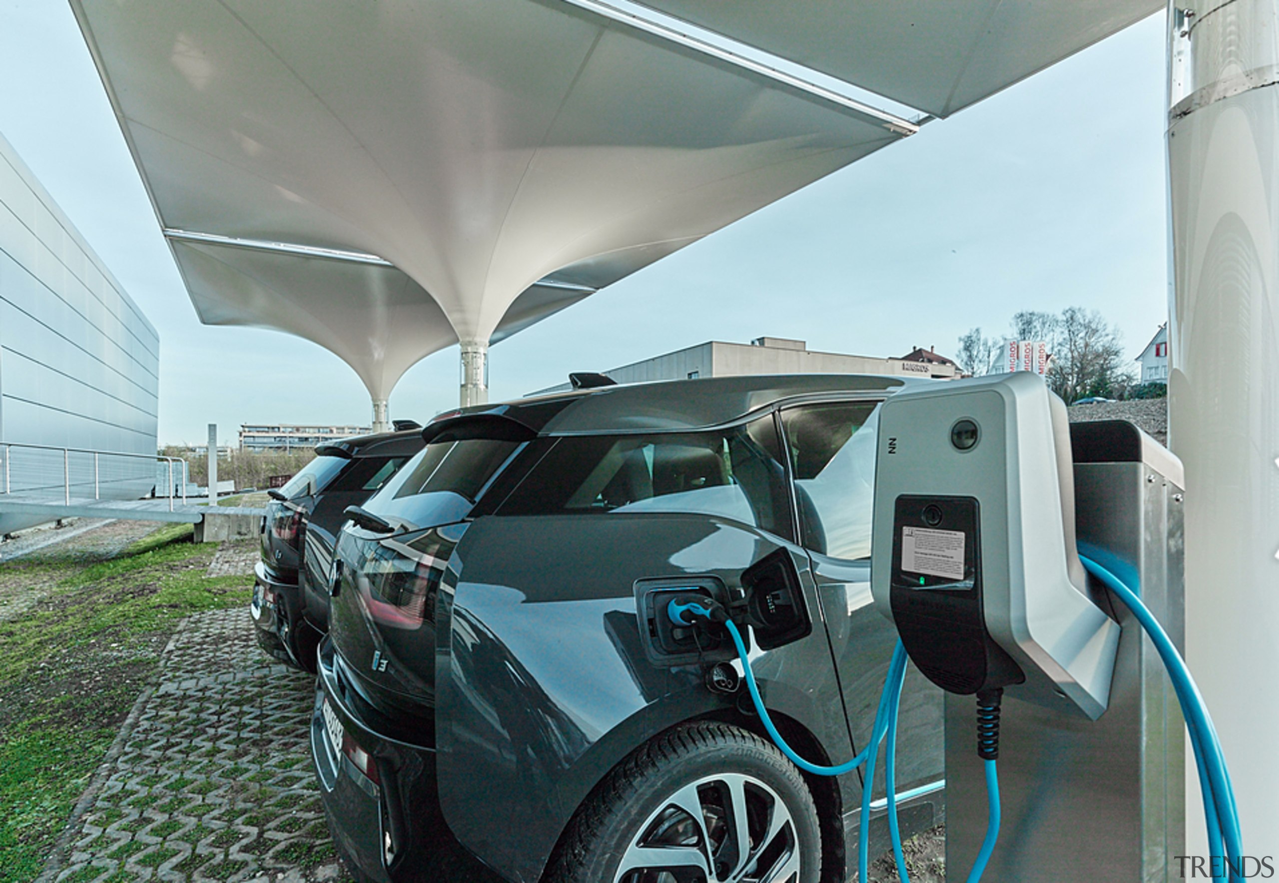 Each&nbsp;tensile structure&nbsp;is equipped with 15 poly-Si solar panels auto part, automotive design, automotive exterior, car, luxury vehicle, motor vehicle, sedan, sport utility vehicle, technology, vehicle, vehicle door, wheel, gray, white