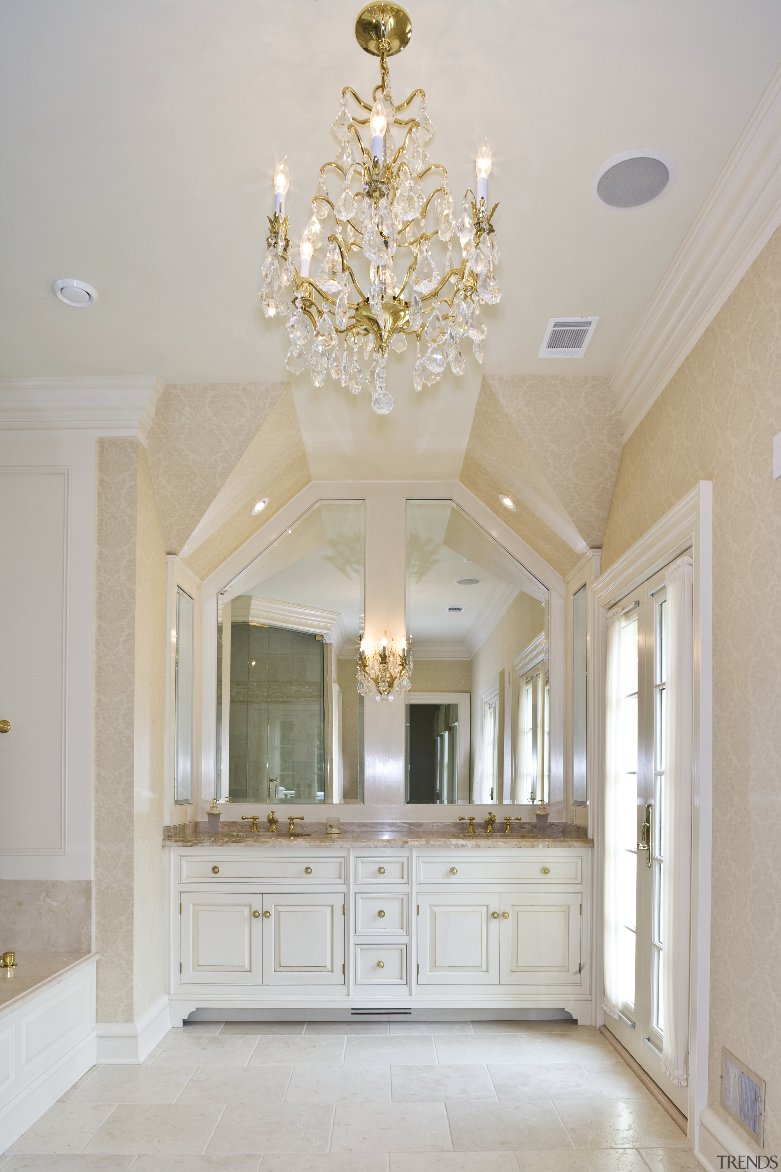 View of the master bathroom vanity with white ceiling, daylighting, estate, home, interior design, lobby, molding, property, room, wall, gray