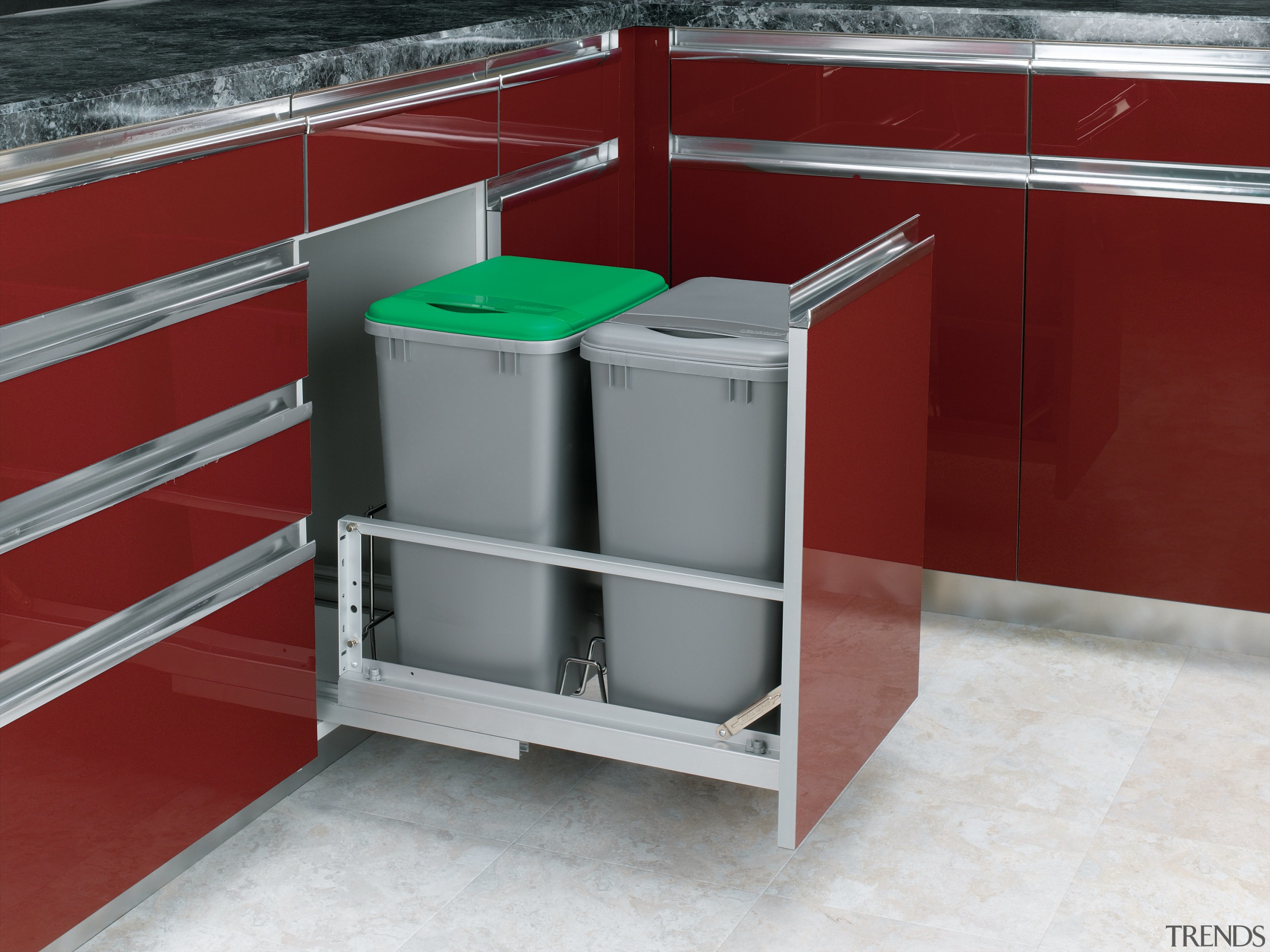 View of cabinetry which features storage systems from furniture, product, product design, waste container, waste containment, red, gray