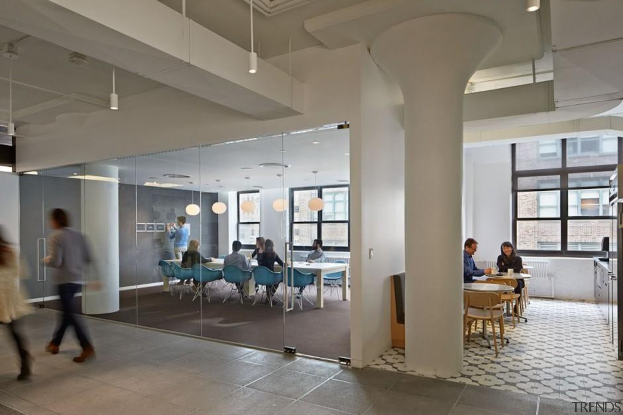 The design for renowned advertising agency Wieden+Kennedy moves ceiling, institution, interior design, lobby, gray