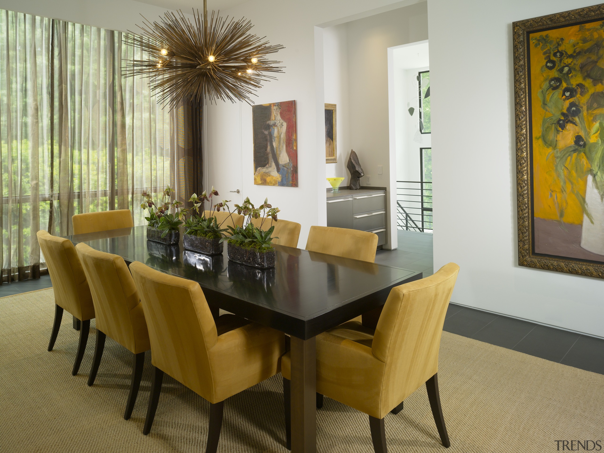 View of dining table with yellow chairs. - chair, dining room, furniture, interior design, living room, real estate, room, table, brown