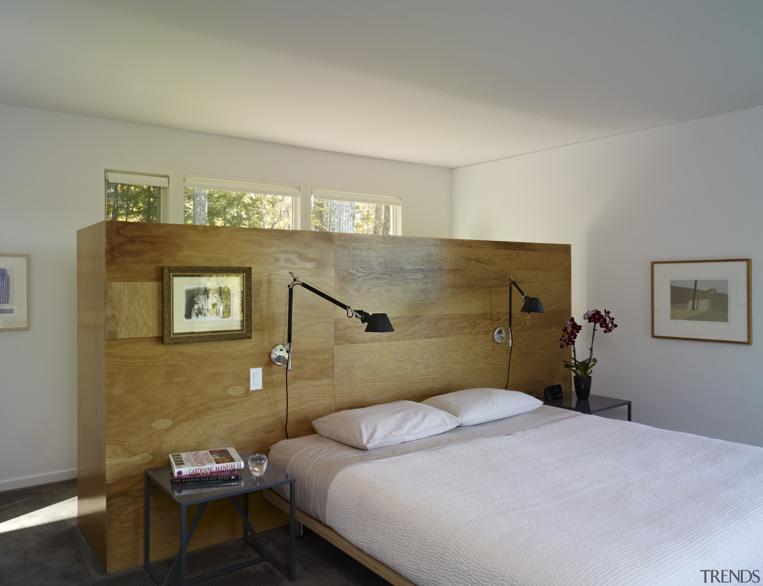 A new plywood wardrobe doubles as a headboard architecture, bed, bed frame, bedroom, ceiling, floor, furniture, home, house, interior design, real estate, room, wall, wood, gray