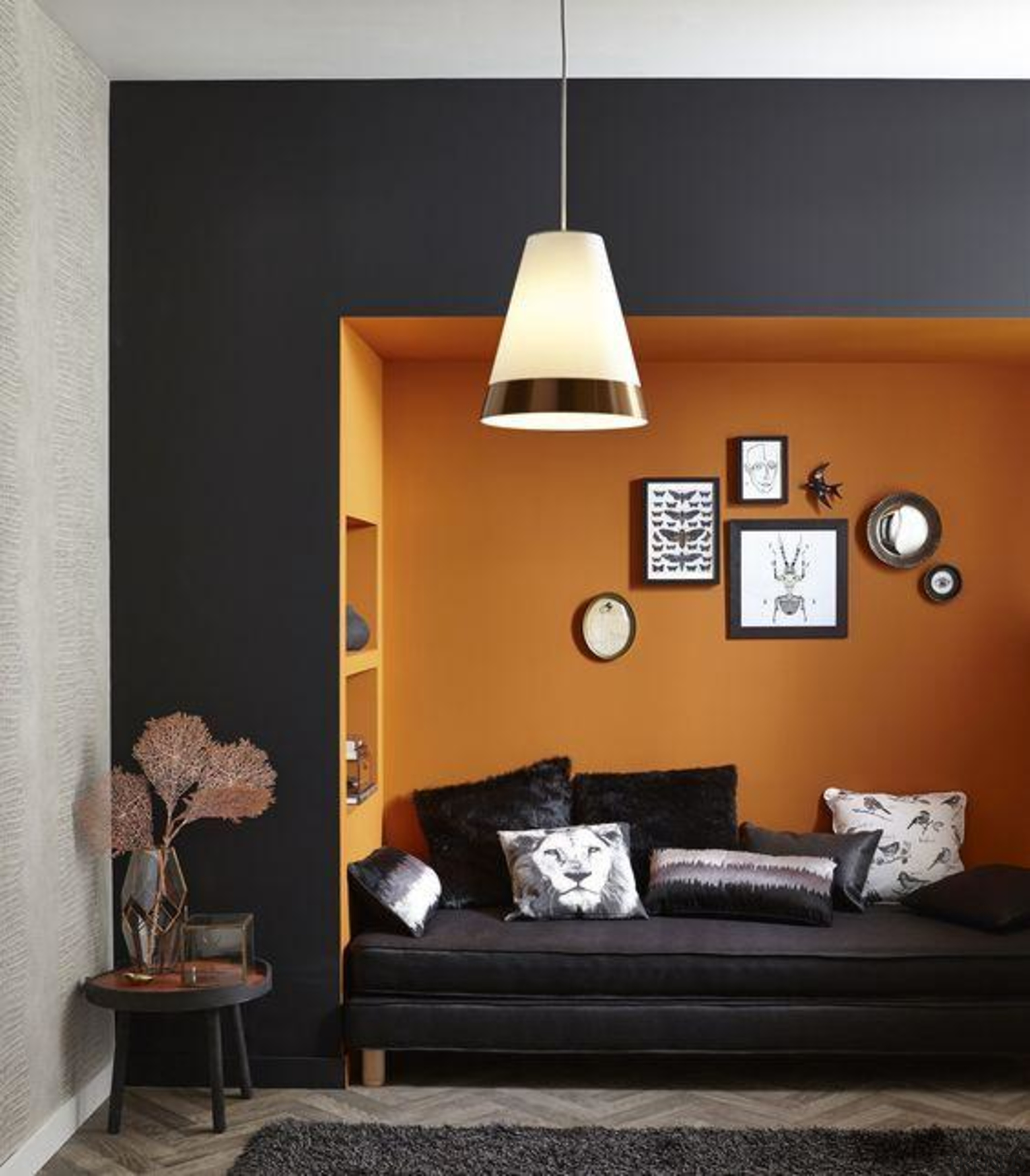 Colour blocking this alcove helps it stand out beige, brown, building, ceiling, couch, floor, furniture, house, interior design, lamp, lampshade, light fixture, lighting, lighting accessory, living room, orange, rectangle, room, shelf, table, wall, yellow, black