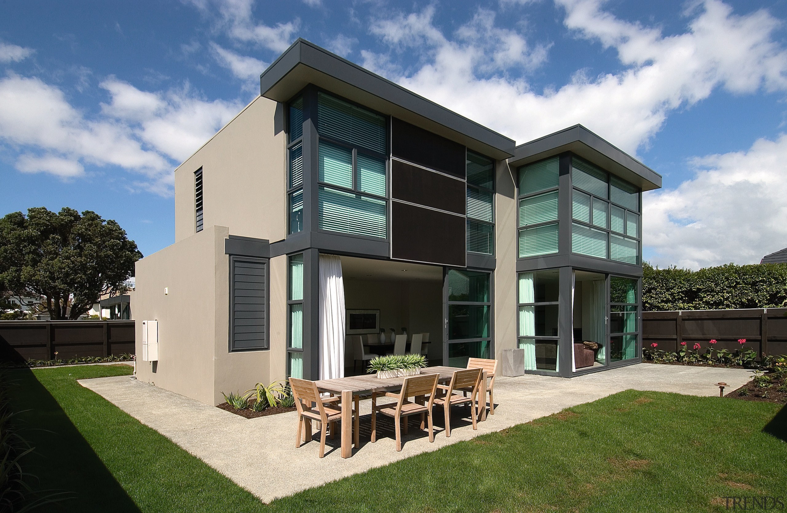 Townhouse with large areas of glazing, louvres on architecture, cottage, elevation, estate, facade, home, house, property, real estate, residential area, villa, window