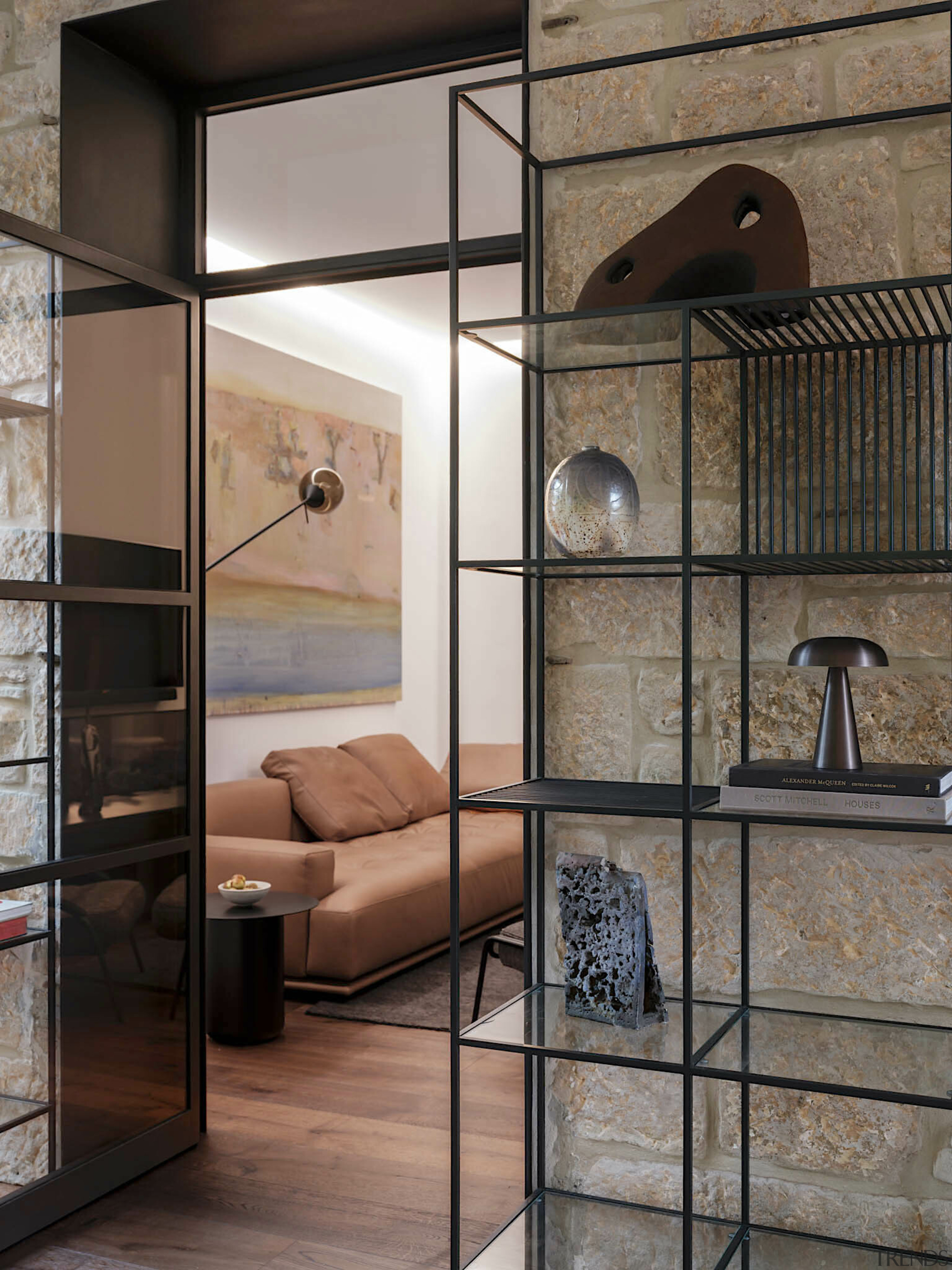 Study and living area steel display shelving. 