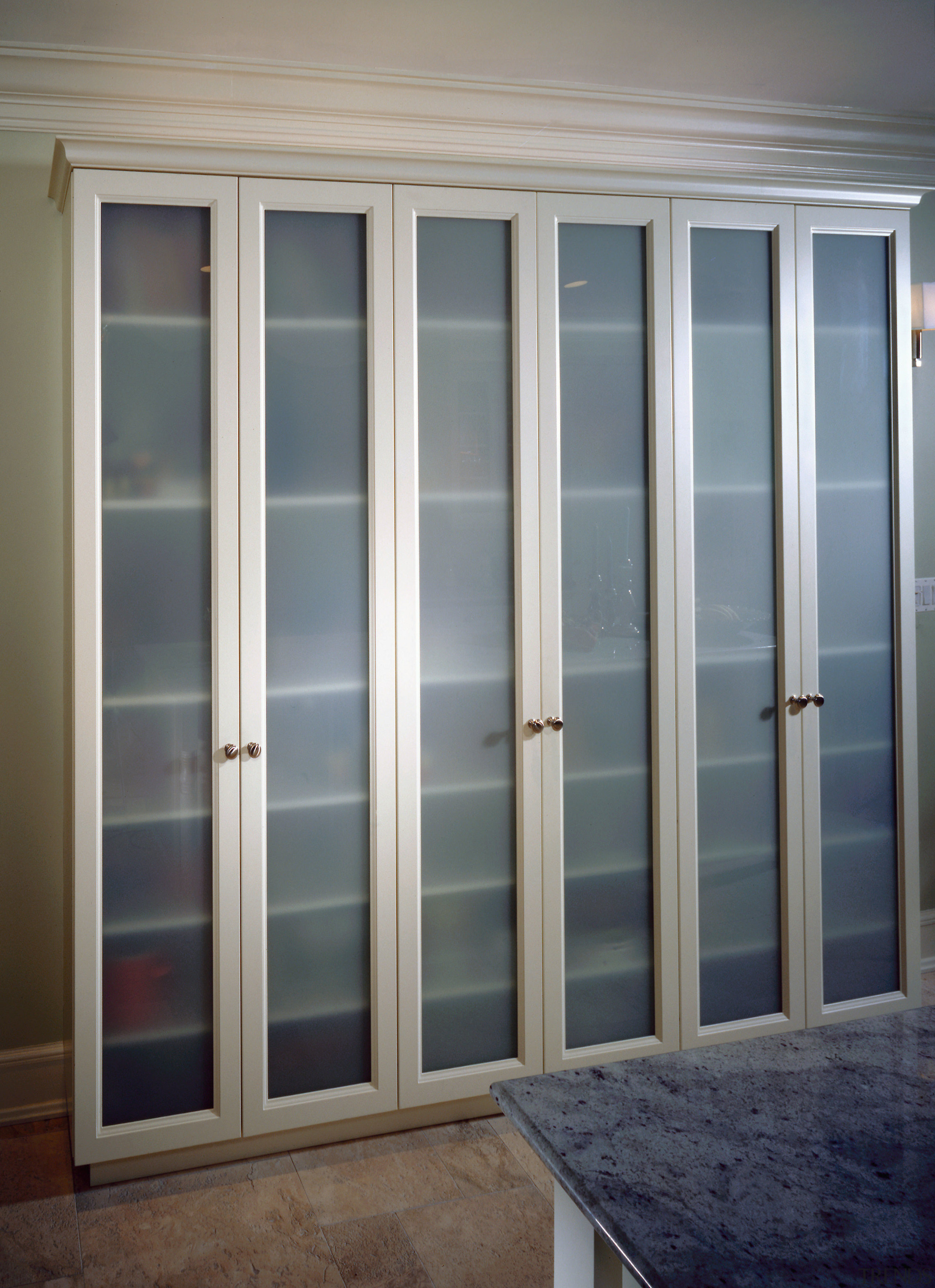 view of the vertical frosted glass panels for cabinetry, door, window, gray