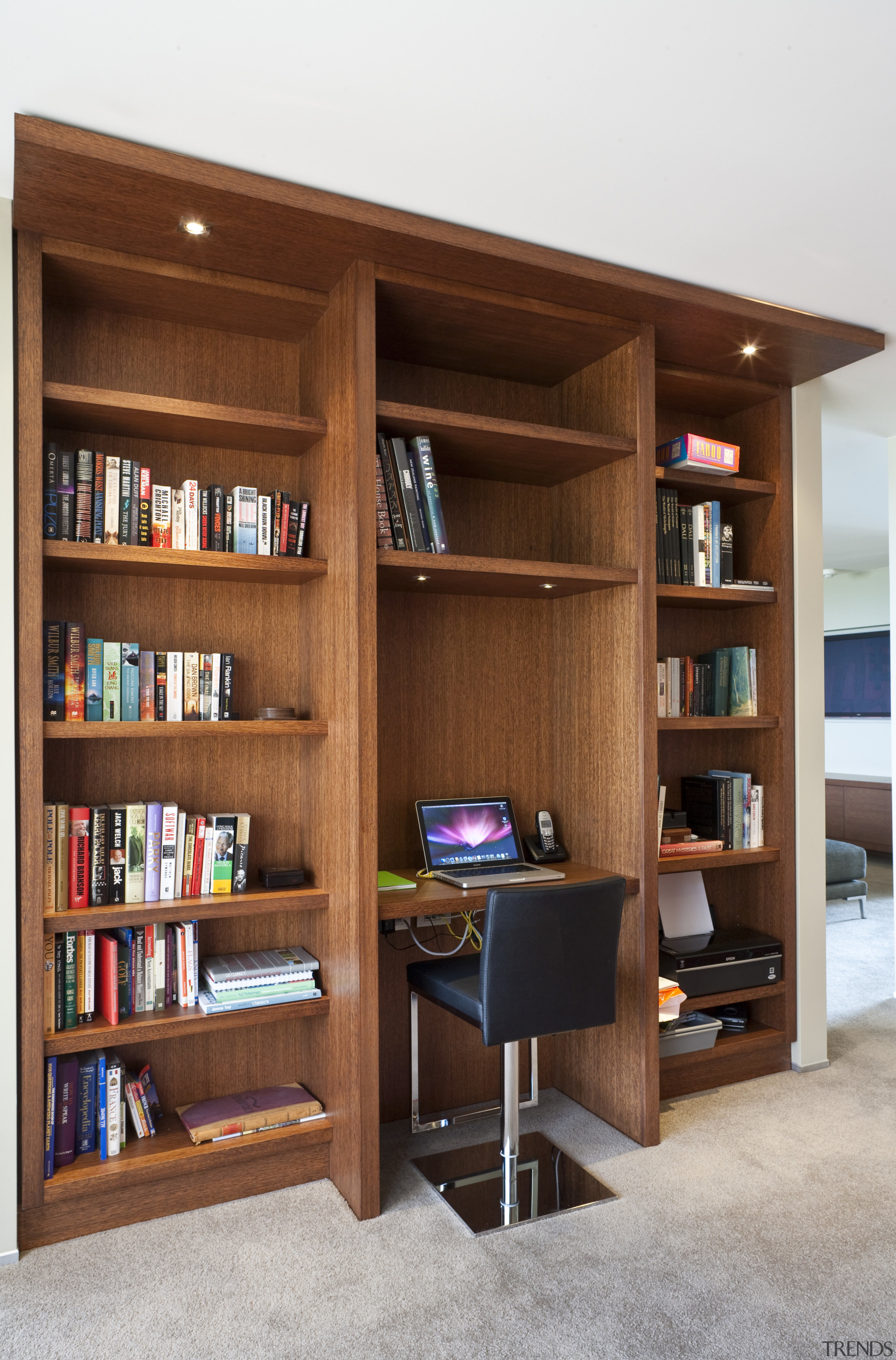 View of home refurbished by interior designer Suzanne bookcase, cabinetry, furniture, interior design, library, shelf, shelving, brown, white