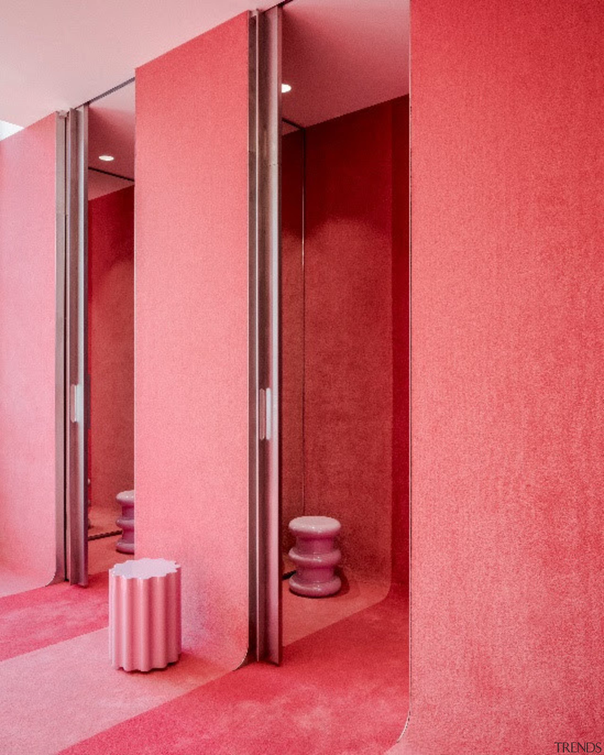 Photo by Michel Florent - Discover BIG’s retail architecture, door, interior design, material property, pink, red, room, wall, red