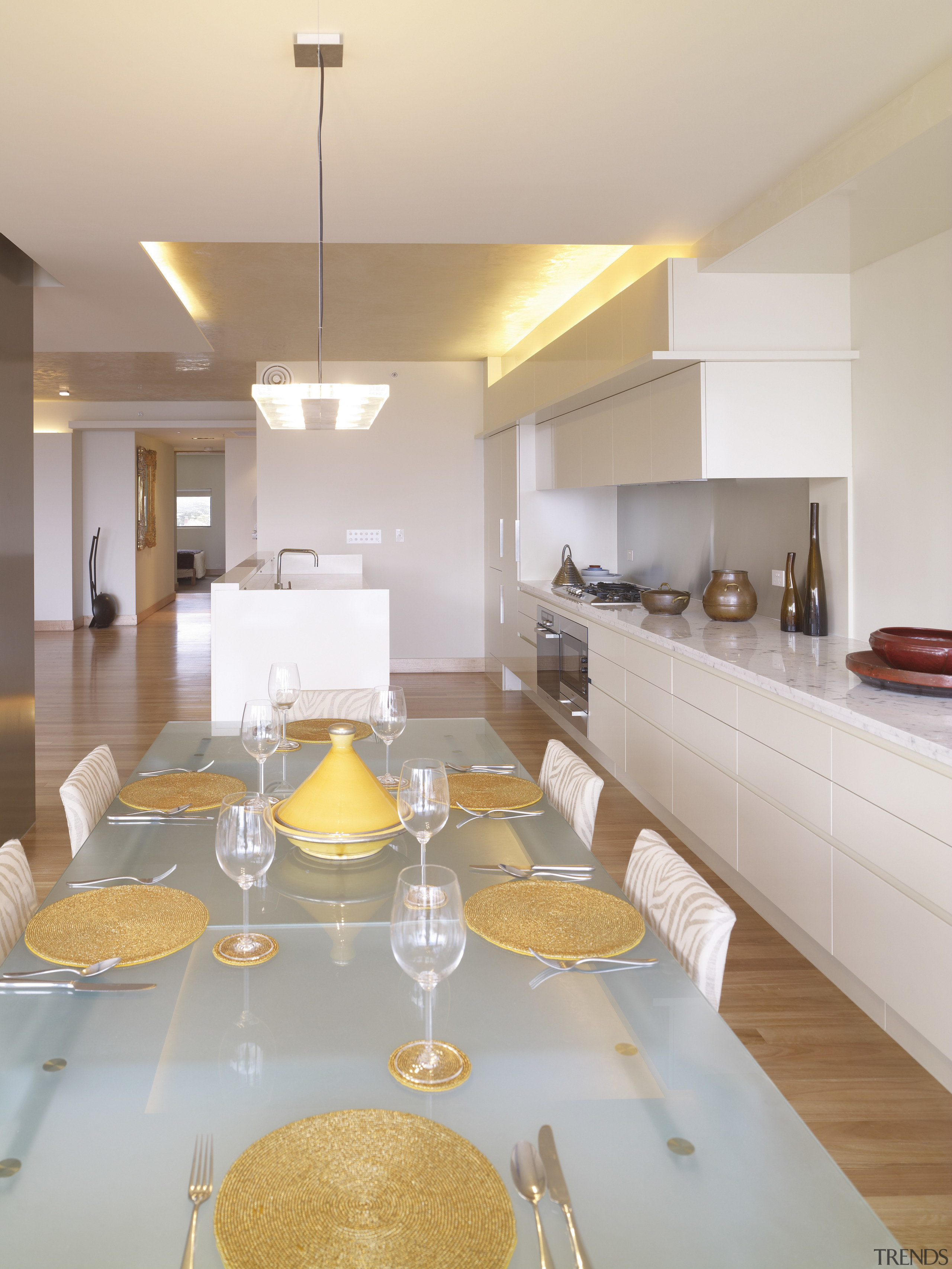 View of penthouse dining area in restored historic ceiling, countertop, dining room, interior design, kitchen, real estate, room, table, gray