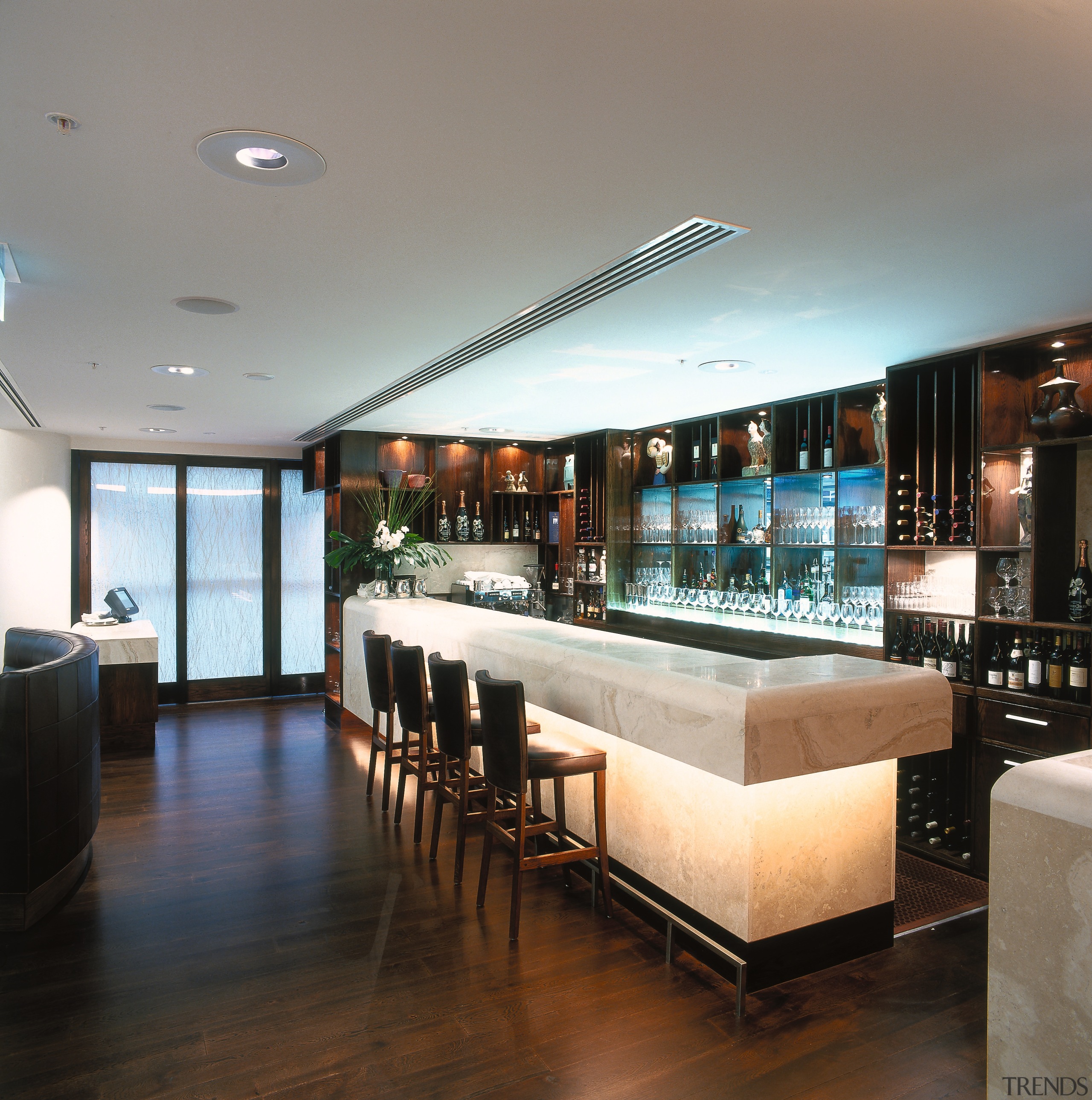 A view of the bar area, wooden flooring ceiling, interior design, lobby, restaurant, gray, black