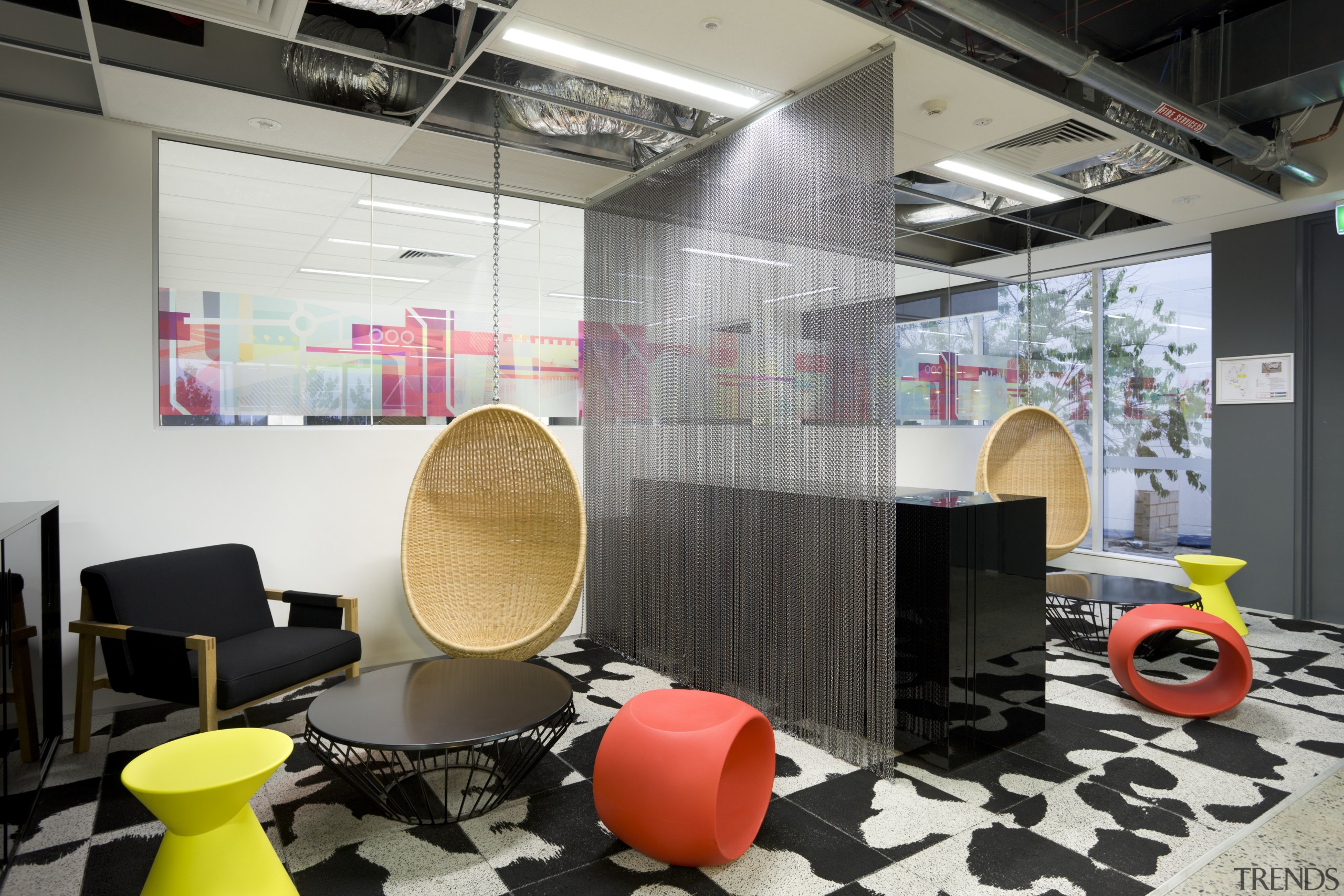 View of seating area with colourful seats and interior design, lobby, office, product design, gray, black